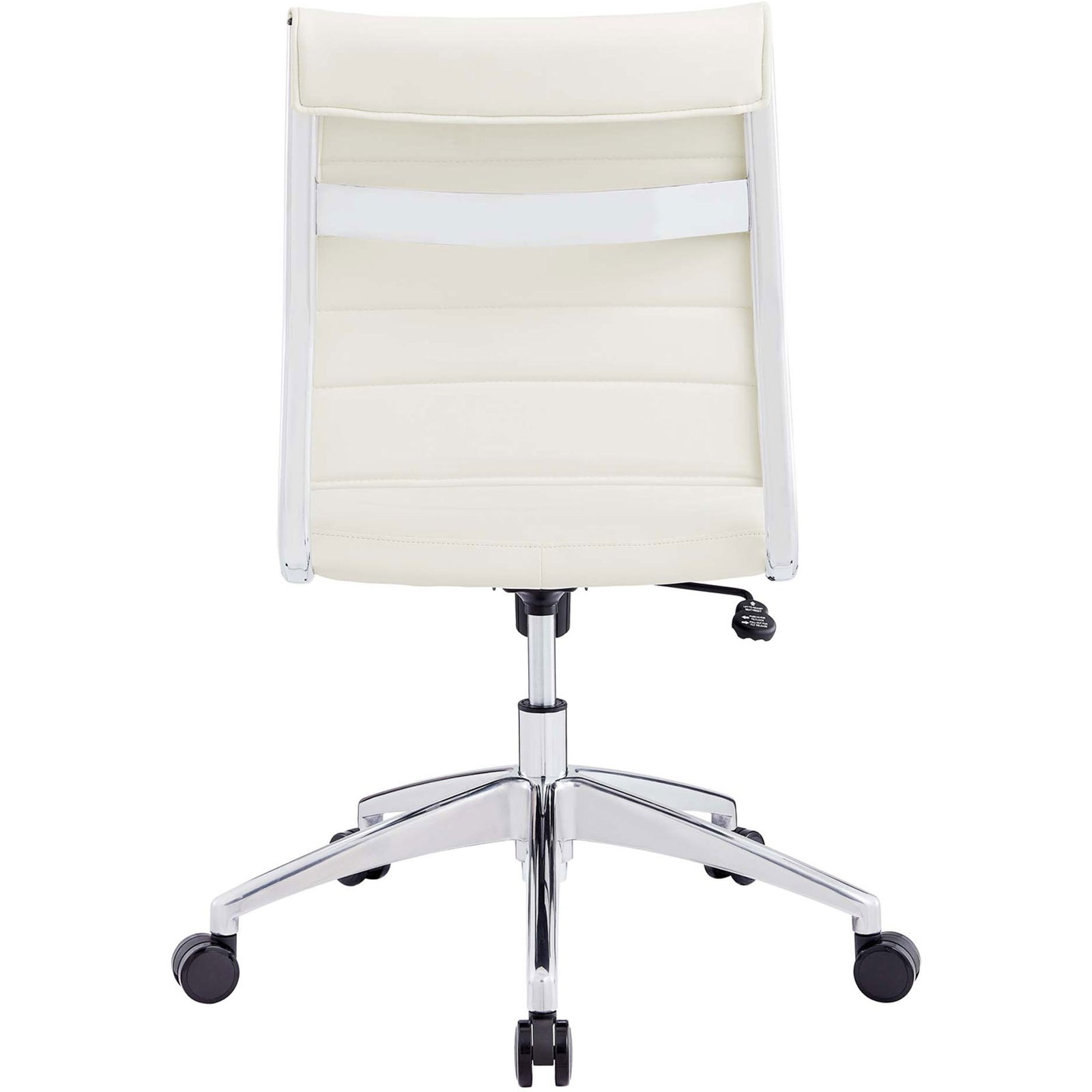 White armless office chair with horizontal ribbing and chrome support bar across the back. || EEI-1525-WHI || back_studio