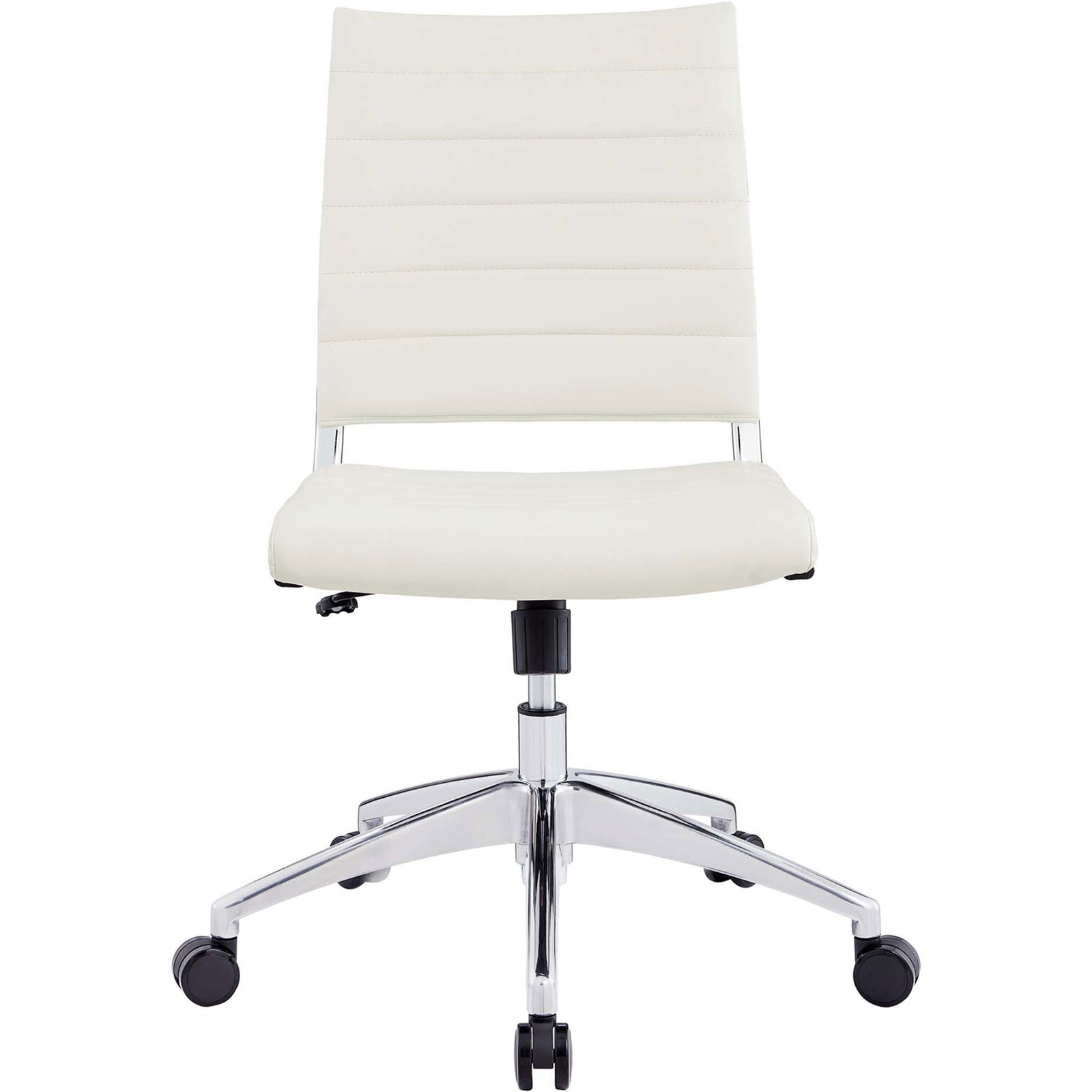 White armless mid-back office chair with ribbed vinyl upholstery and five-star chrome base. || EEI-1525-WHI || front_studio