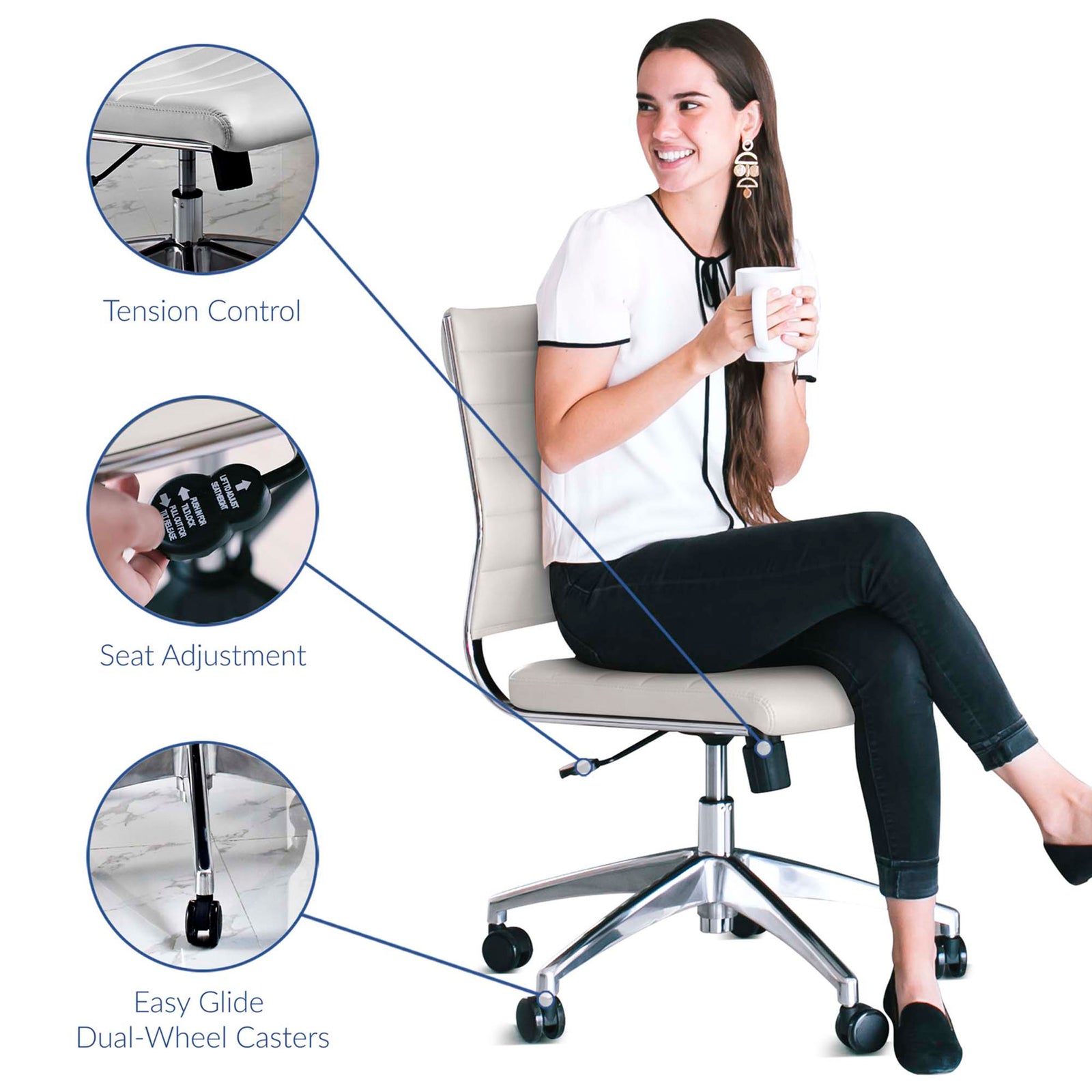 Jive white office chair in use, highlighting tension control, seat adjustment, and easy-glide casters. || EEI-1525-WHI || callout_room