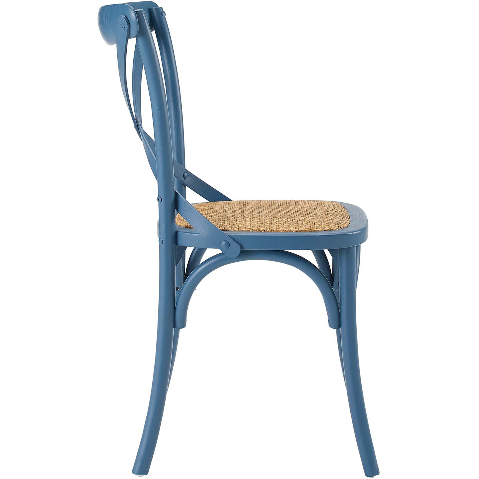 Slim blue dining chair with arched side supports and woven rattan seat || EEI-1541-HAR || side_studio