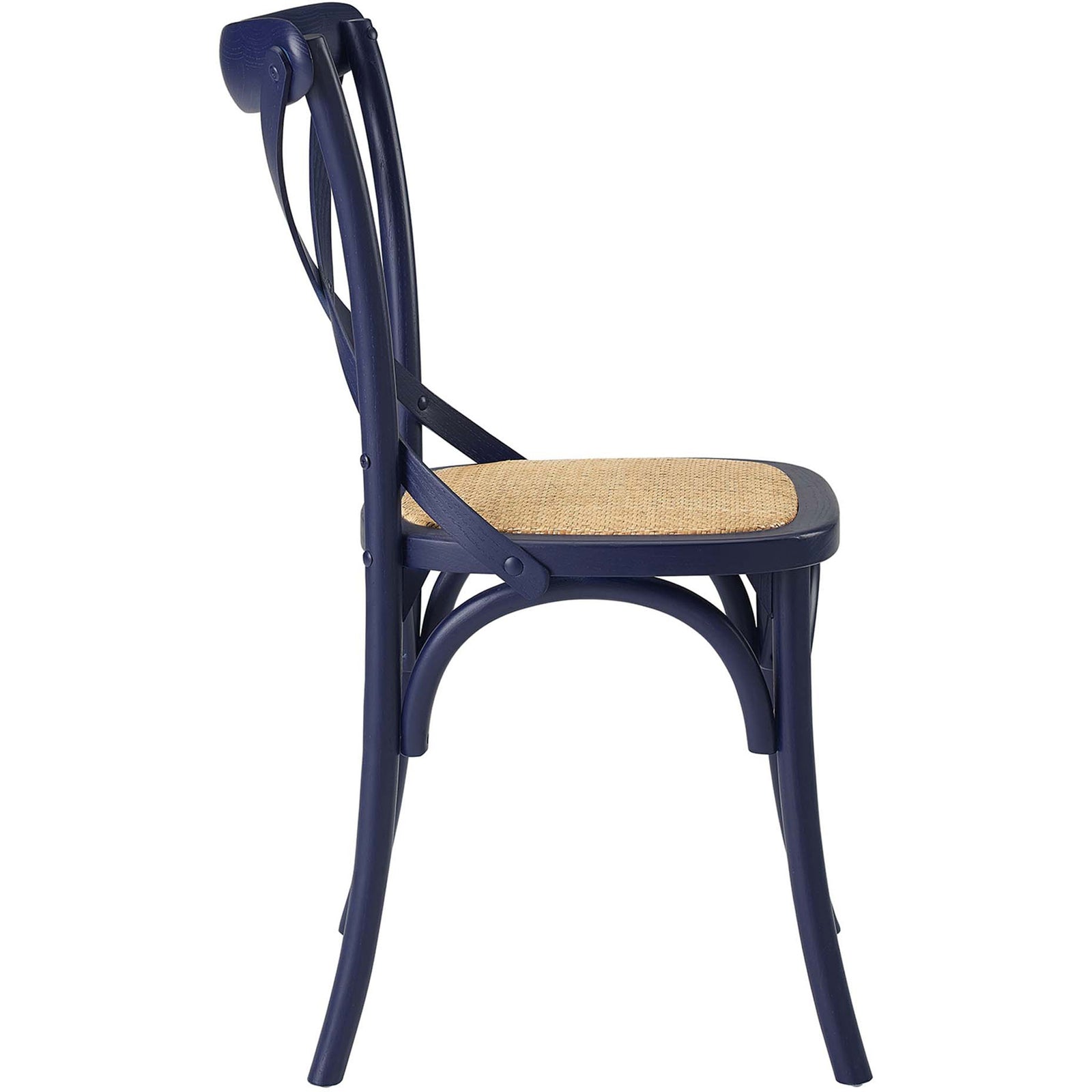 Slim midnight blue dining chair profile with arched stretcher and woven rattan seat. || EEI-1541-MID || side_studio