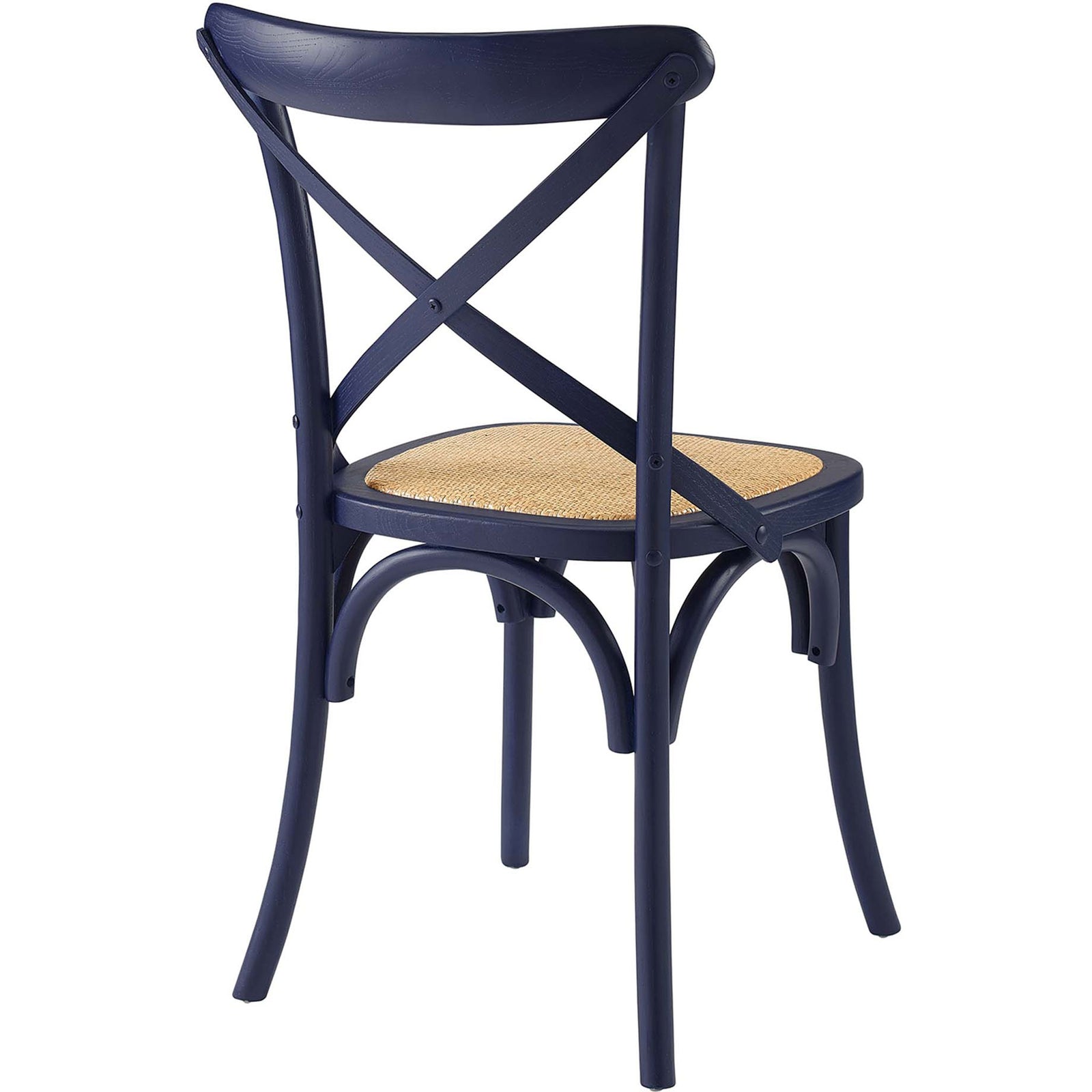 Midnight blue cross back dining chair showcasing curved frame and airy rattan seat. || EEI-1541-MID || back_angle_studio