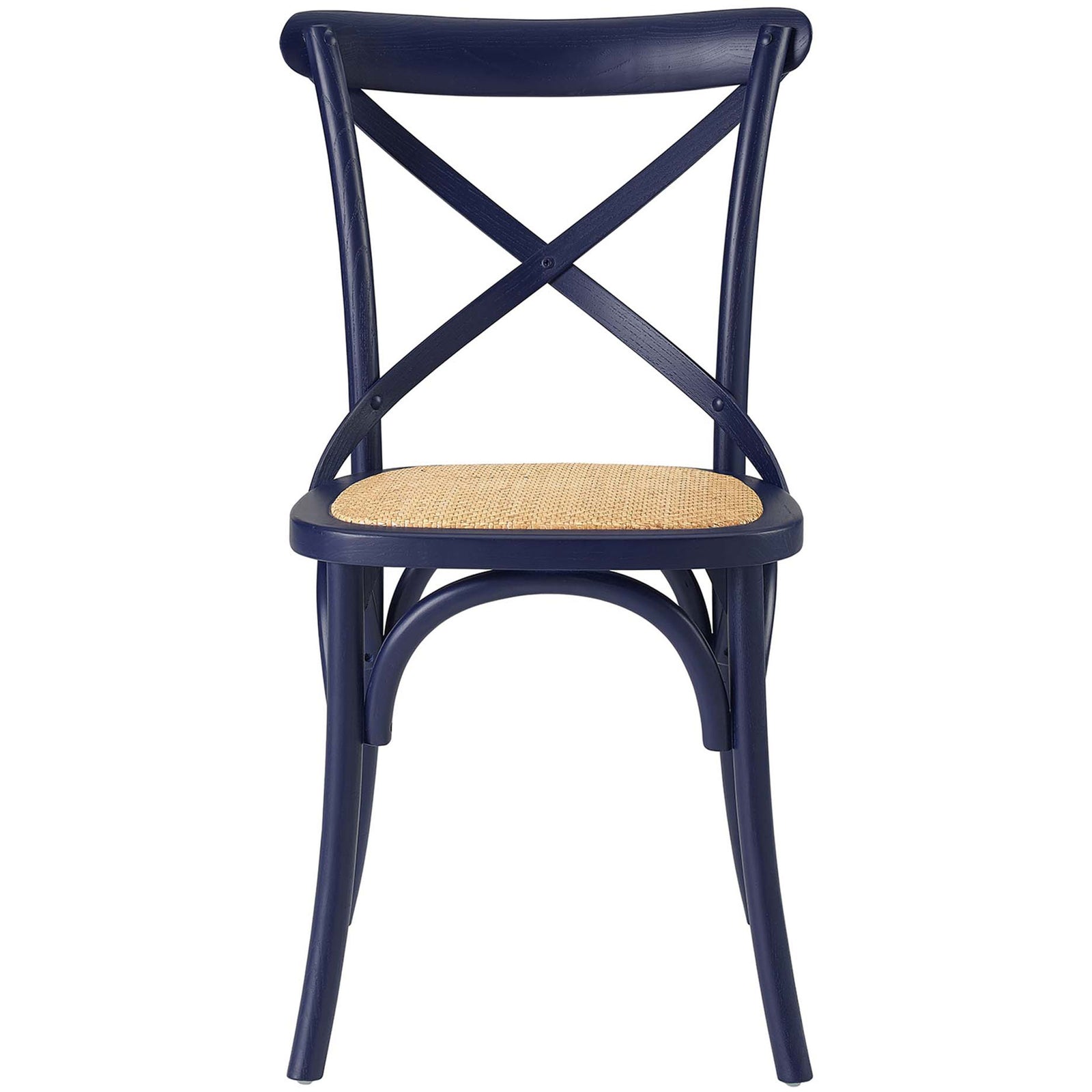 Classic midnight blue dining side chair with X backrest and woven natural rattan seat. || EEI-1541-MID || front_studio