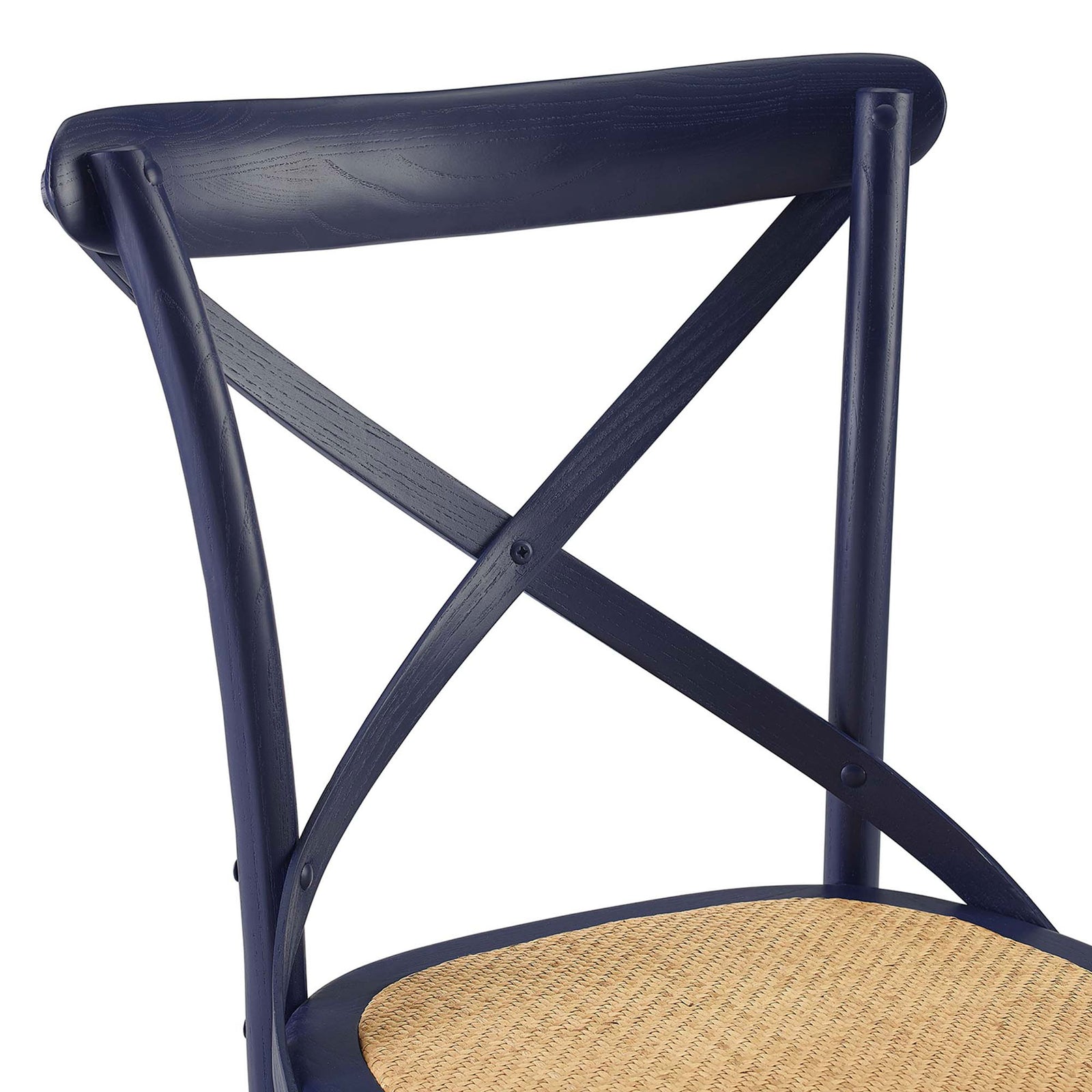 Midnight blue chair backrest highlighting X detail and tightly woven rattan seat. || EEI-1541-MID || detail_studio