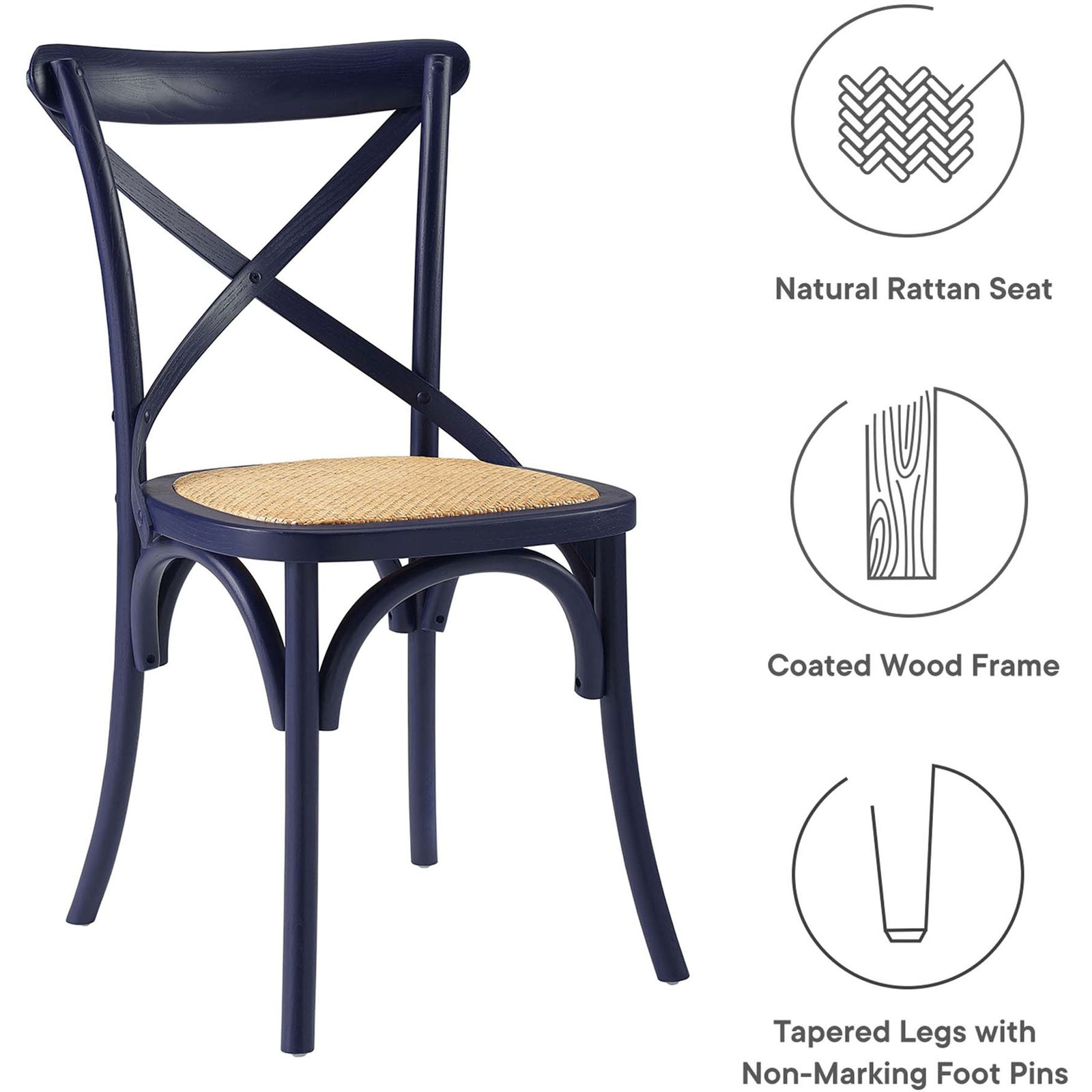Midnight blue dining chair with icons highlighting rattan seat, coated wood, and tapered legs. || EEI-1541-MID || callout_studio