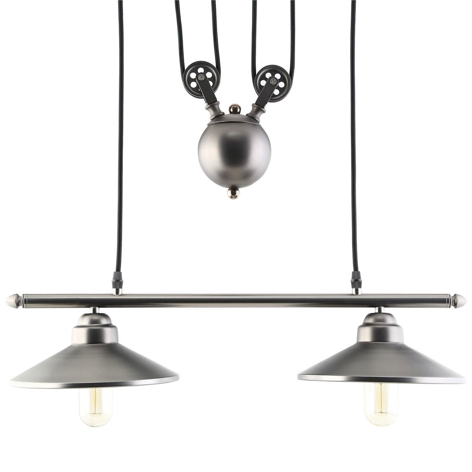 Industrial silver pendant bar with two wide metal shades and exposed bulbs for focused task lighting || EEI-1567 || detail_studio