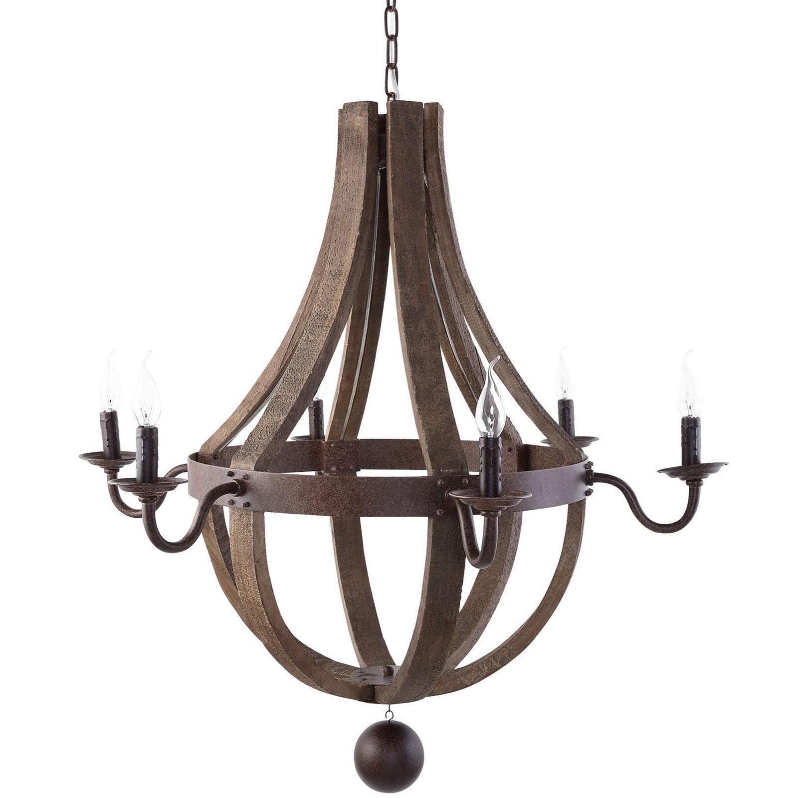 Globe-shaped wood lattice pairs with aged metal arms and six candle-style sockets for a vintage statement || EEI-1570 || front_angle_studio