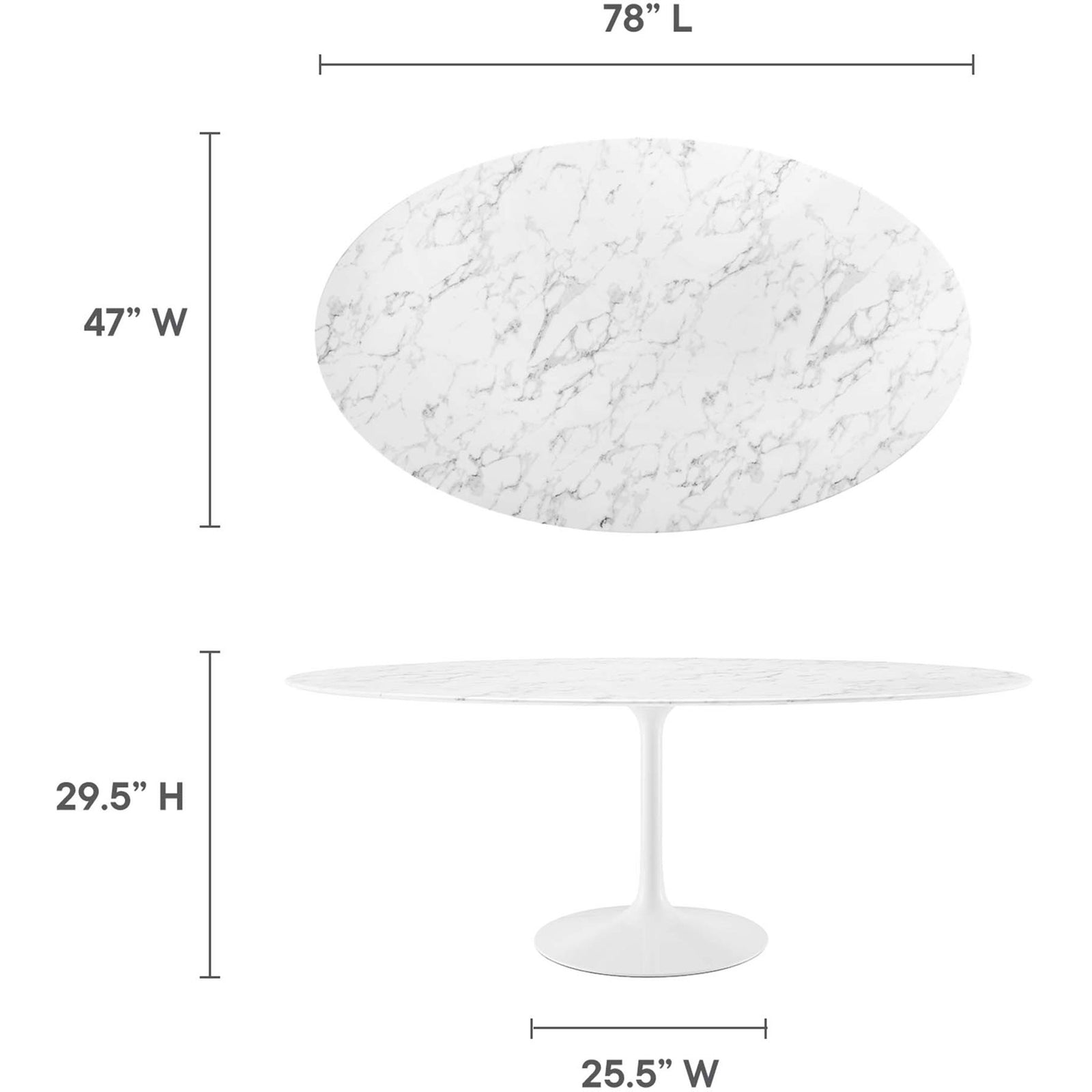 Large scale dimension view shows the 78.5 by 47 inch tabletop and overall dining table height || EEI-1659-WHI || dimension_studio