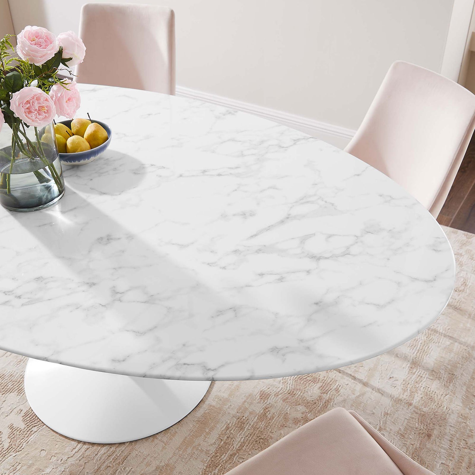Elegant faux marble tabletop pairs with blush chairs and gold legs for a refined dining look || EEI-1659-WHI || detail_room