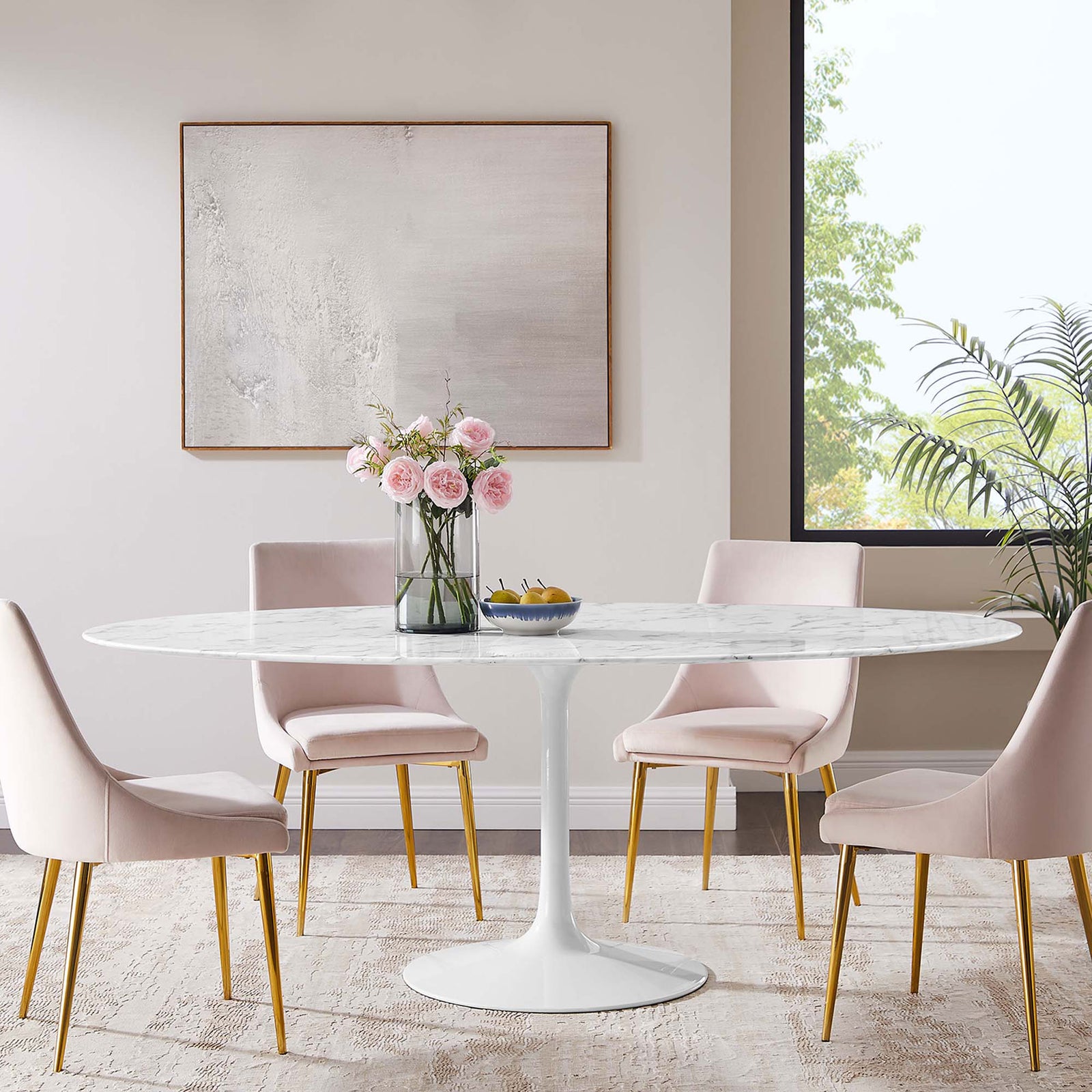 Long oval faux marble dining table seats eight and anchors this softly styled contemporary dining room || EEI-1659-WHI || front_room