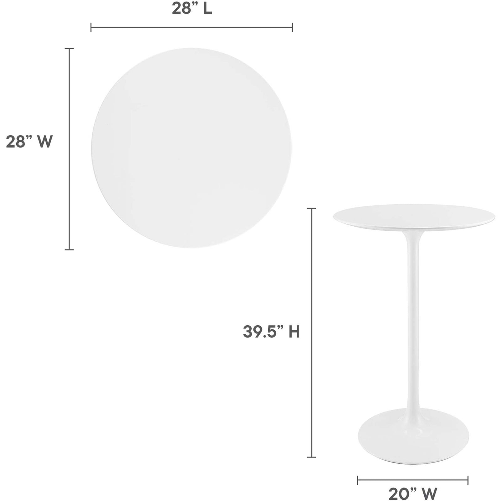Space-savvy bar-height table with a 28-inch round top and 39.5-inch height for intimate gatherings || EEI-1825-WHI || dimension_studio