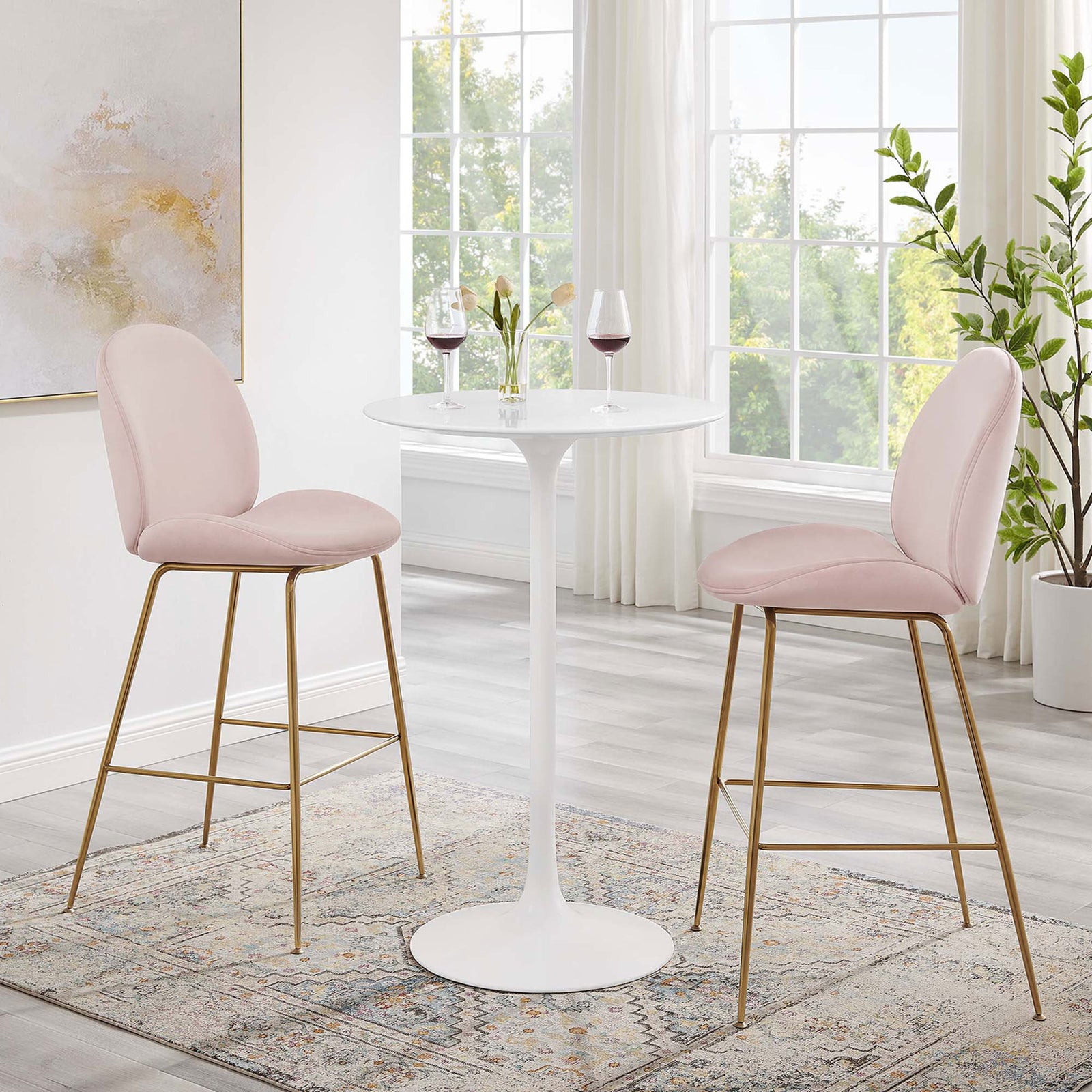 Modern white pedestal bar table anchors a bright dining nook with timeless mid-century appeal || EEI-1825-WHI || front_room
