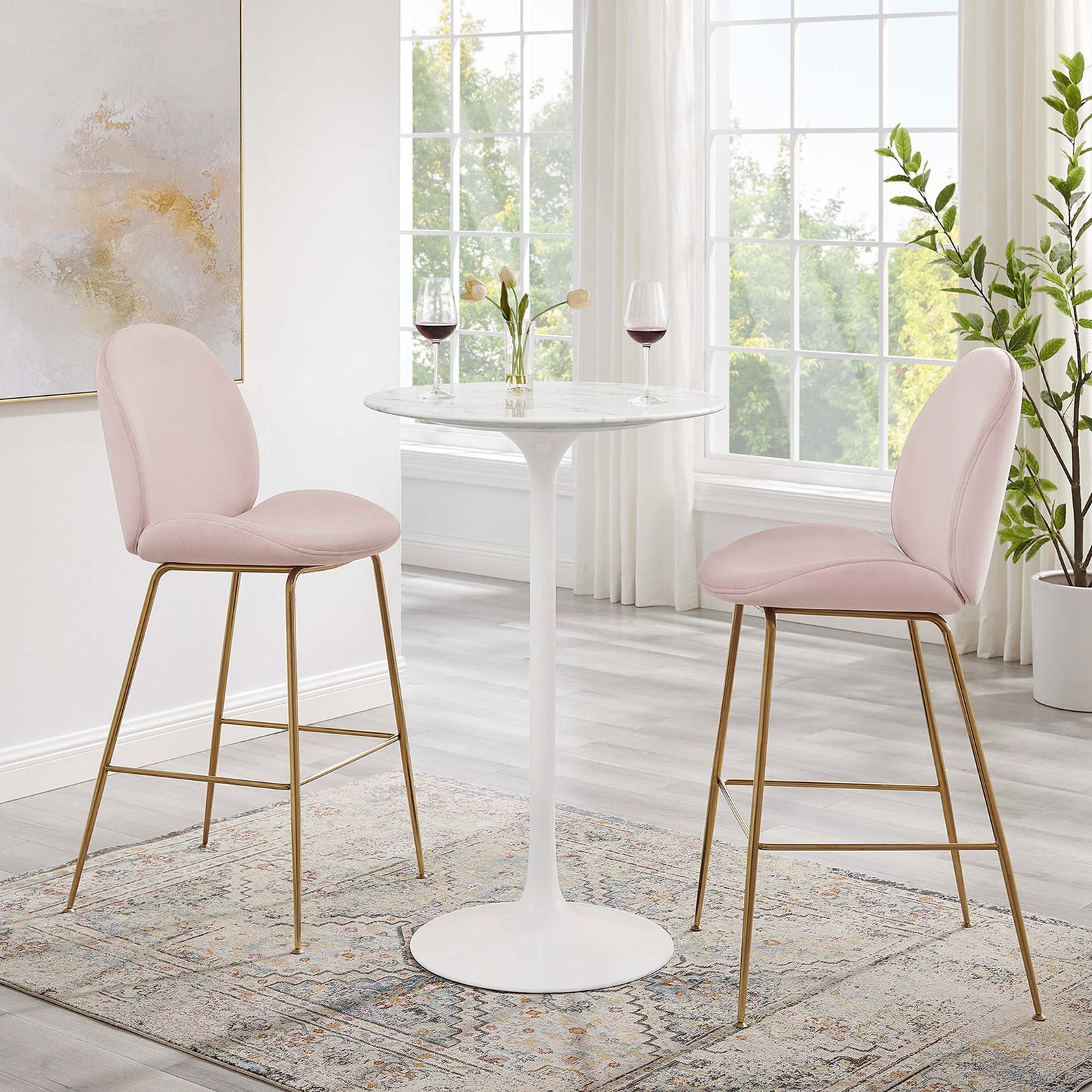 Compact bar-height table creates an elegant spot for drinks and conversation || EEI-1827-WHI || front_room