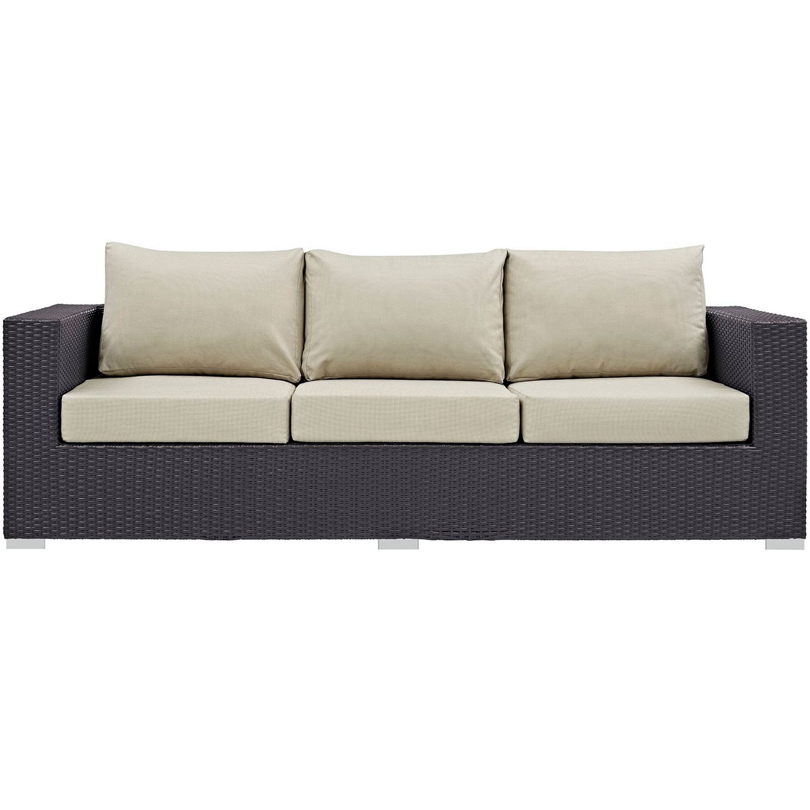 Convene outdoor sofa in espresso wicker with plush beige cushions and a sleek low-profile silhouette. || EEI-1844-EXP-BEI || front_studio