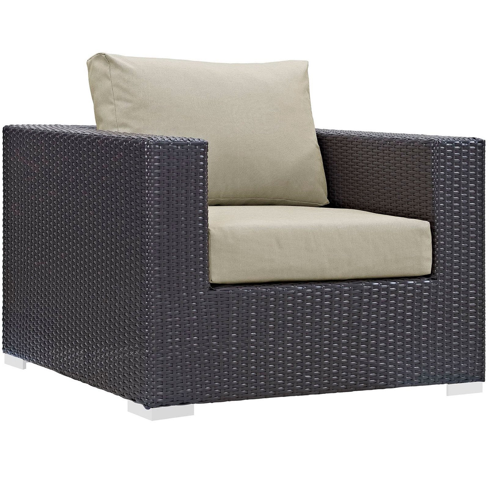 Espresso wicker outdoor armchair with thick beige cushions and a clean modern profile || EEI-1906-EXP-BEI || front_angle_studio