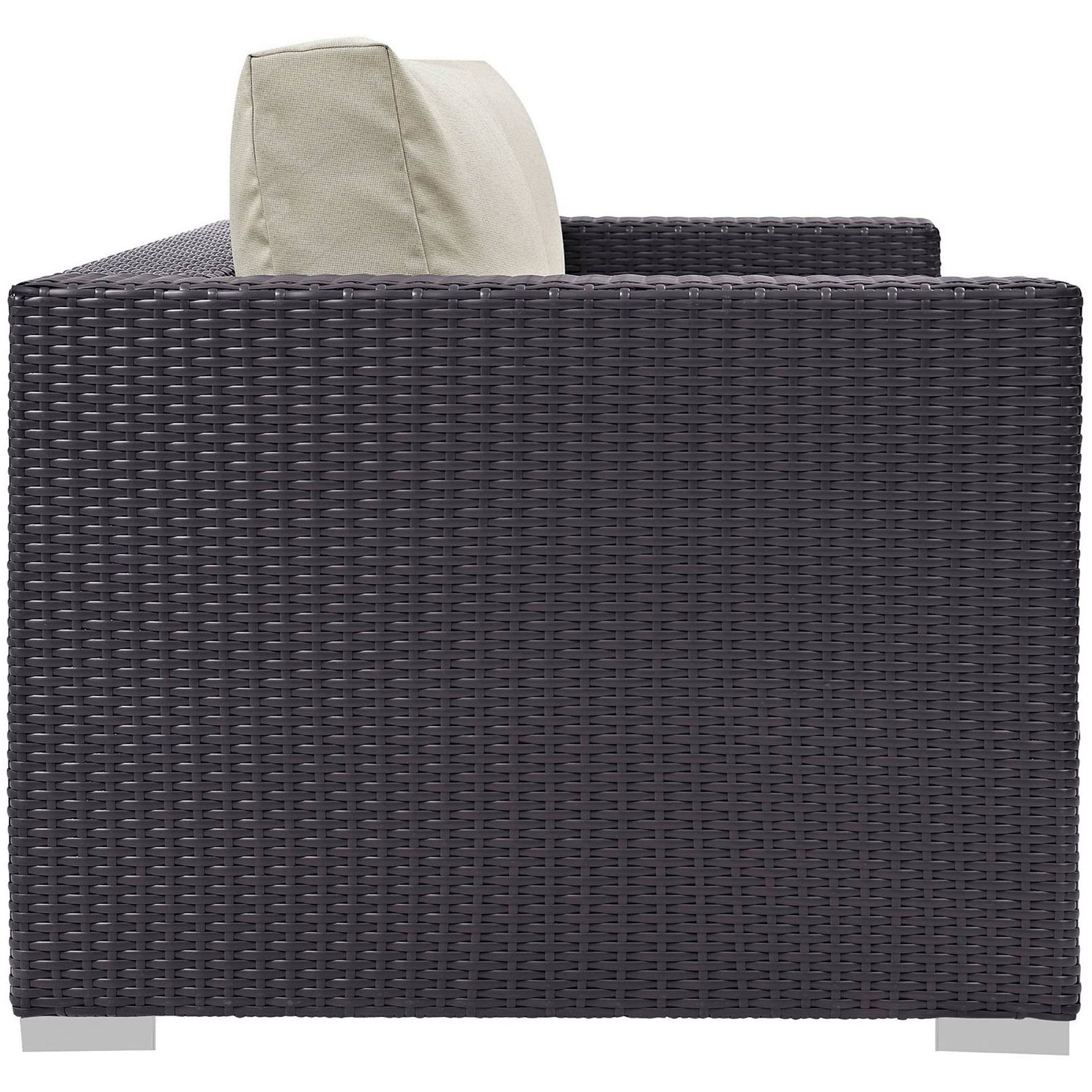 Sleek squared arms and tightly woven espresso rattan emphasize the loveseat's modern outdoor style || EEI-1907-EXP-BEI || side_studio