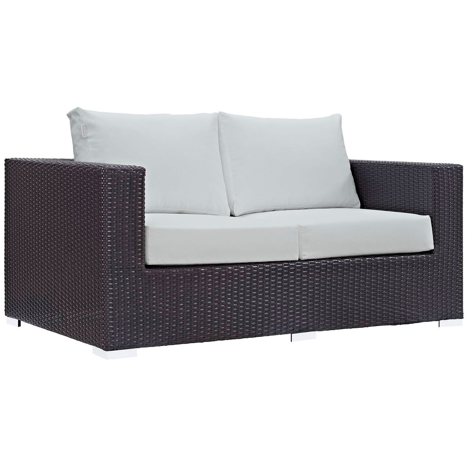 Espresso wicker outdoor loveseat with white cushions offers chic, versatile seating for patios and decks || EEI-1907-EXP-WHI || front_angle_studio