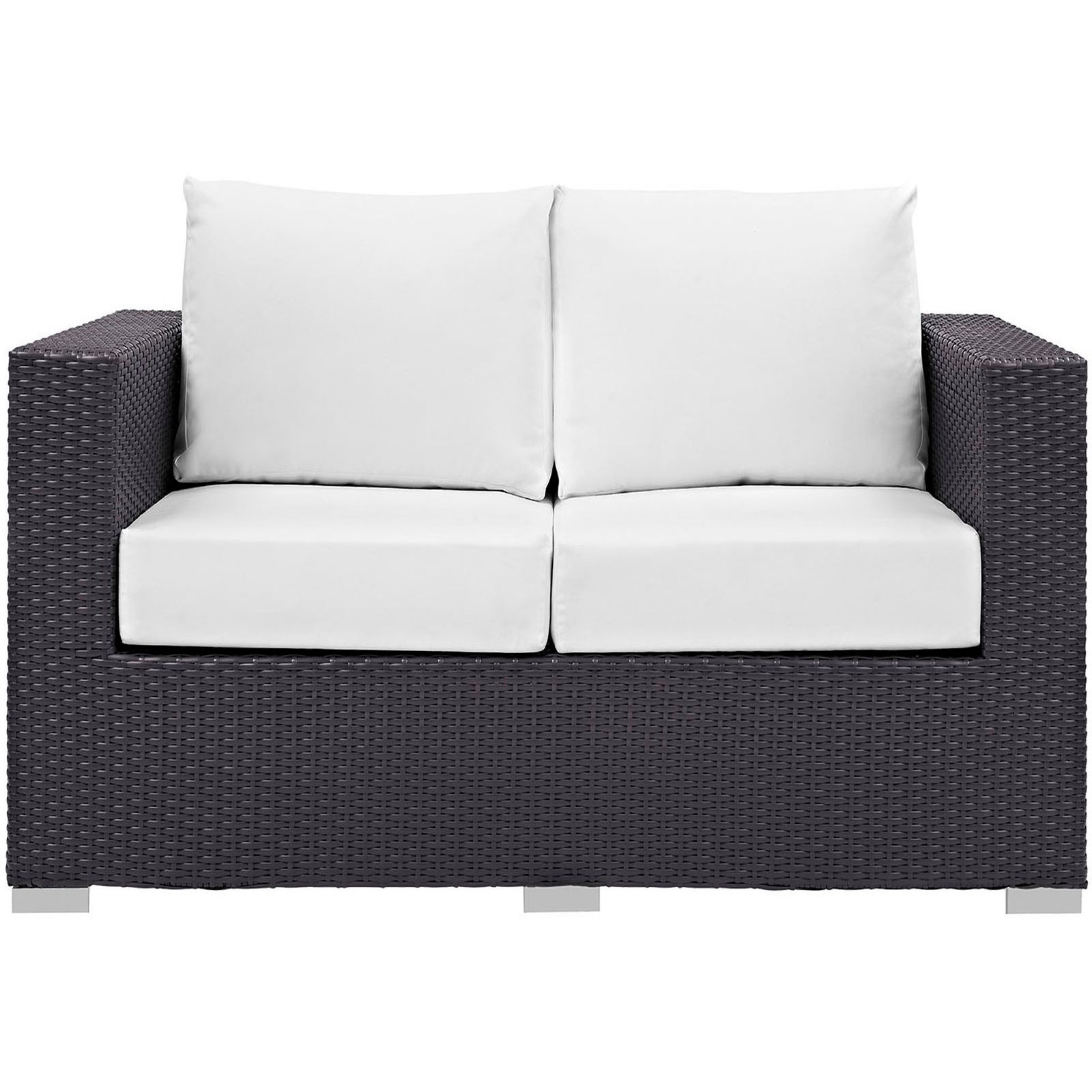 Espresso rattan loveseat with thick white cushions creates a crisp, inviting focal point outdoors || EEI-1907-EXP-WHI || front_studio