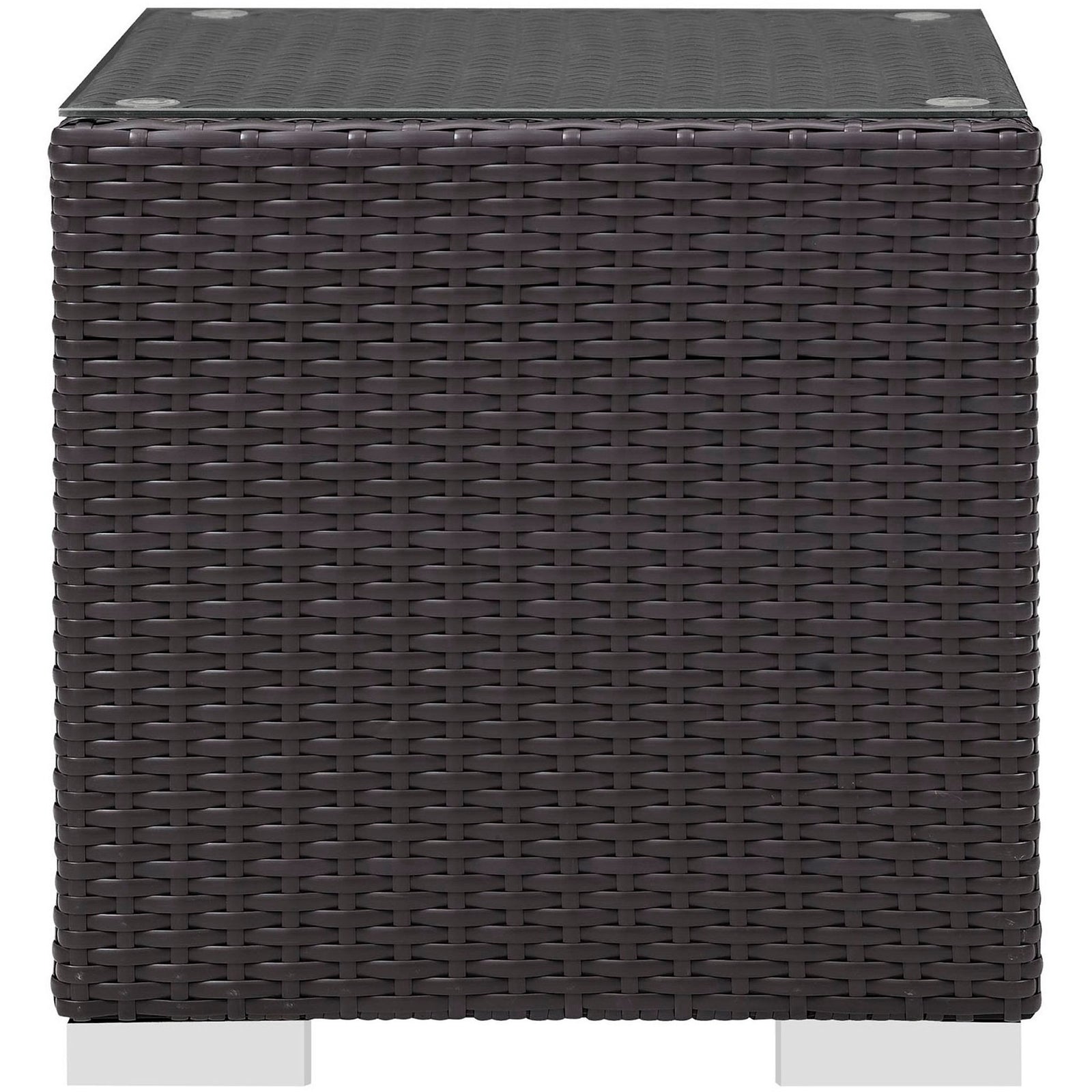 Side profile of espresso rattan side table with polished metal block legs || EEI-1909-EXP || side_studio