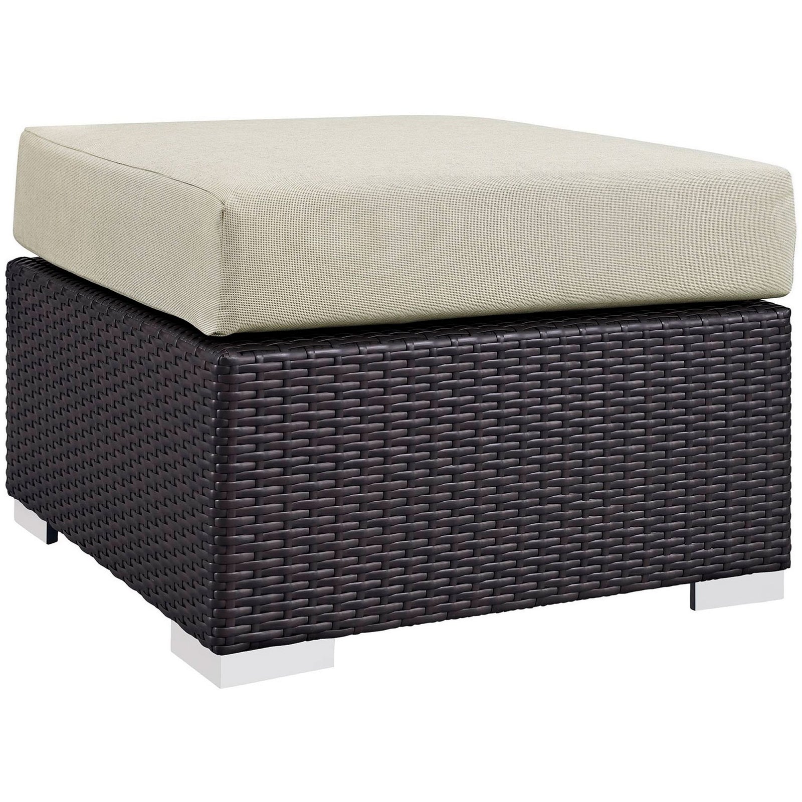 Espresso wicker patio ottoman with thick beige cushion and sleek block feet || EEI-1911-EXP-BEI || front_angle_studio