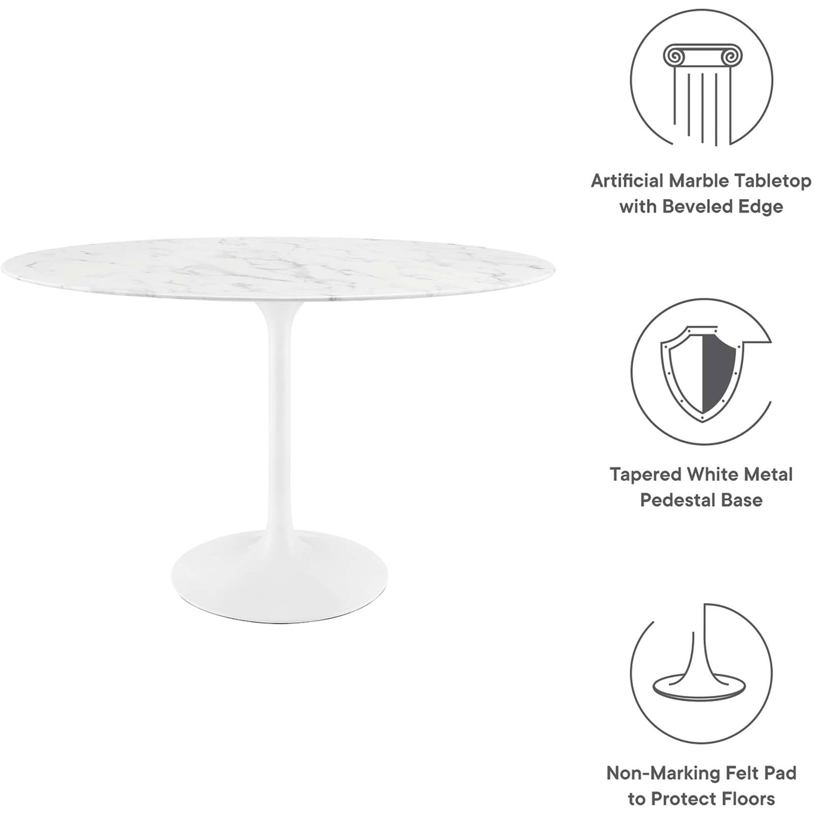 Feature graphic highlights the faux marble top, tapered pedestal base, and protective felt pad || EEI-2021-WHI || callout_studio