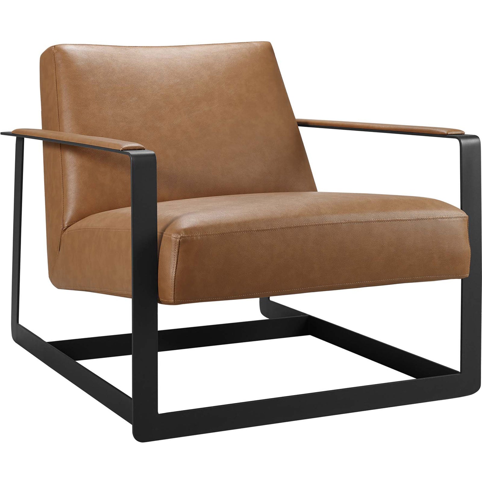 Tan vegan leather accent chair with matte black stainless steel frame and wide, cushioned seat || EEI-2075-TAN || front_angle_studio