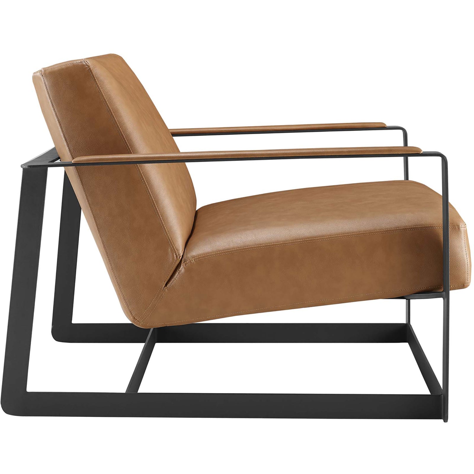 Low-profile lounge chair with slim armrests and an angular sled base in matte black stainless steel || EEI-2075-TAN || side_studio
