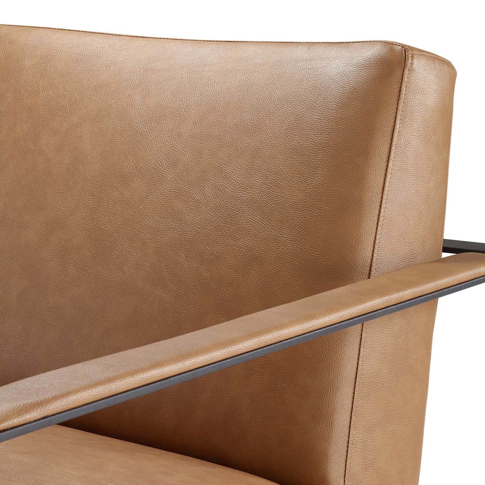 Padded armrest detail pairs soft tan upholstery with the chair's sleek matte black metal edge || EEI-2075-TAN || detail_studio