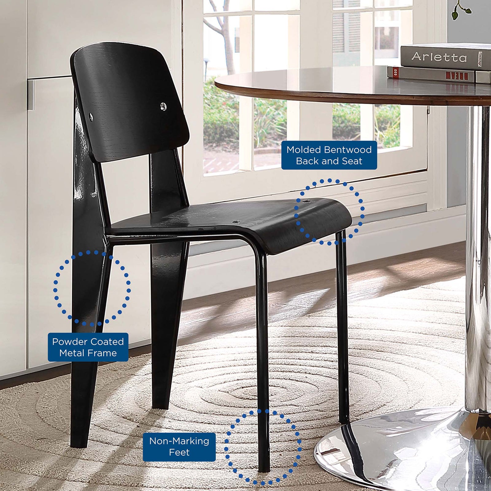 Black dining chair in a bright kitchen highlighting its bentwood seat, powder-coated frame, and non-marking feet || EEI-214-BLK-BLK || callout_room