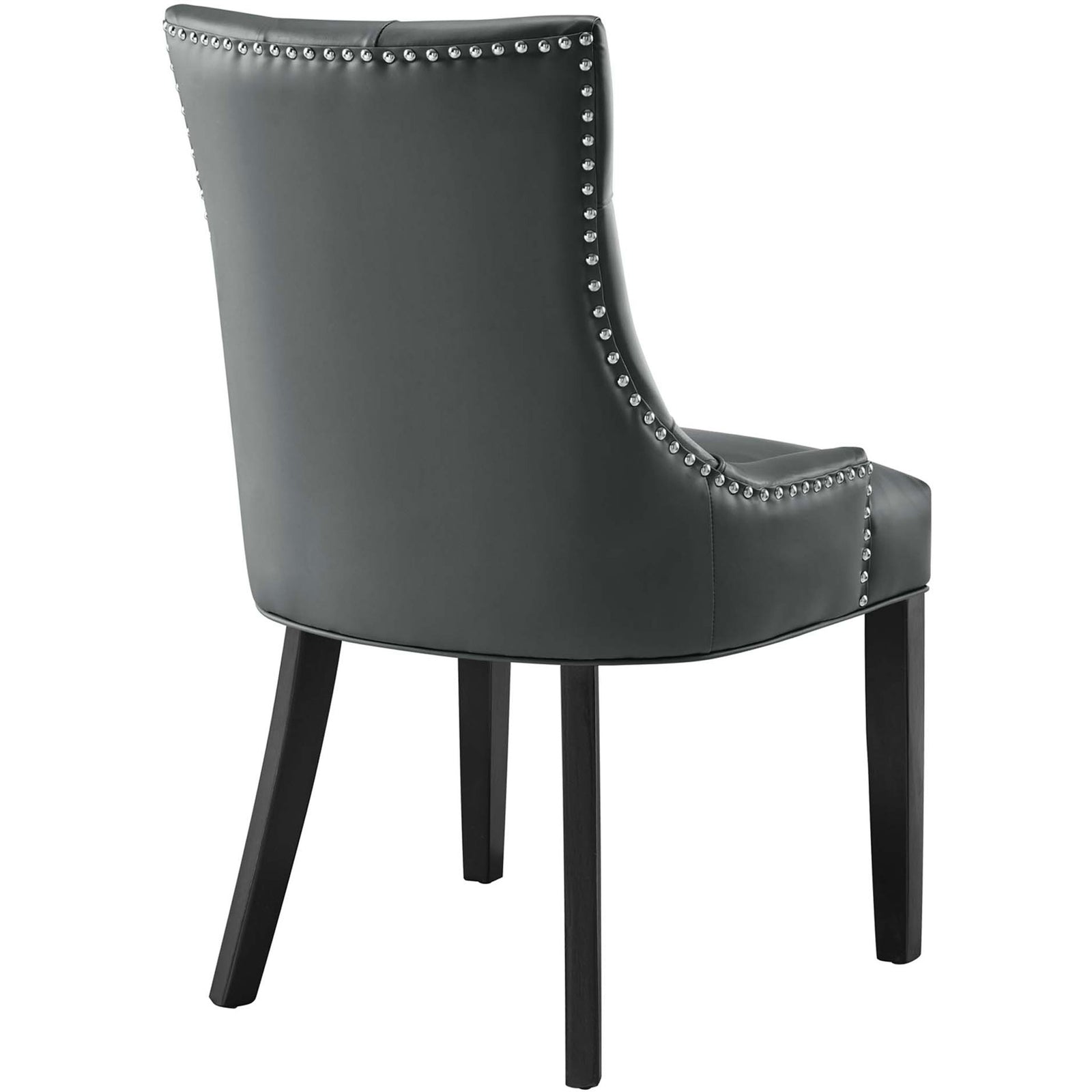 Gray vegan leather dining chair featuring full nailhead trim along the back and subtly flared wood legs || EEI-2222-GRY || back_studio