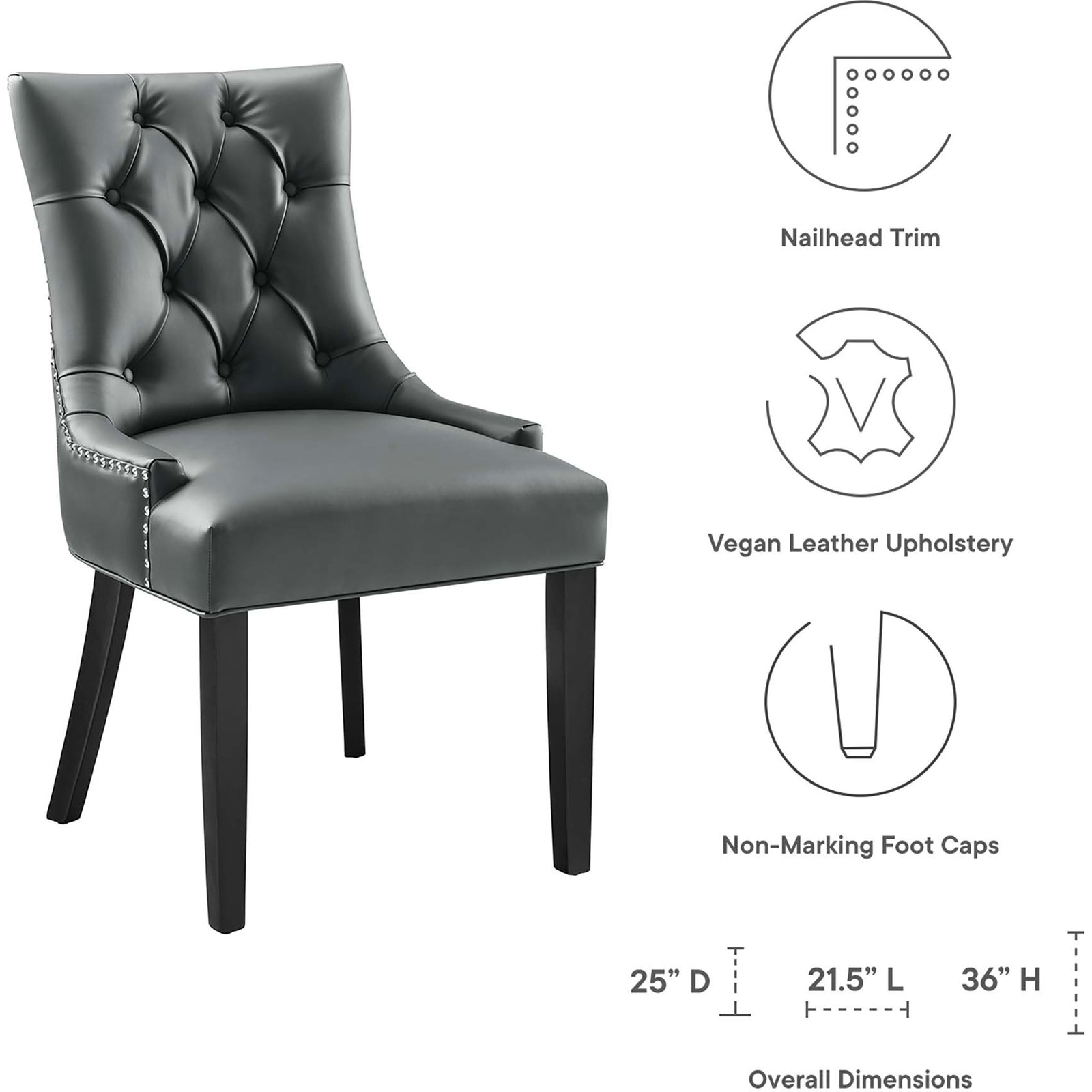 Gray tufted vegan leather dining chair highlighting nailhead trim, vegan leather upholstery, and non marking foot caps || EEI-2222-GRY || dimension_studio