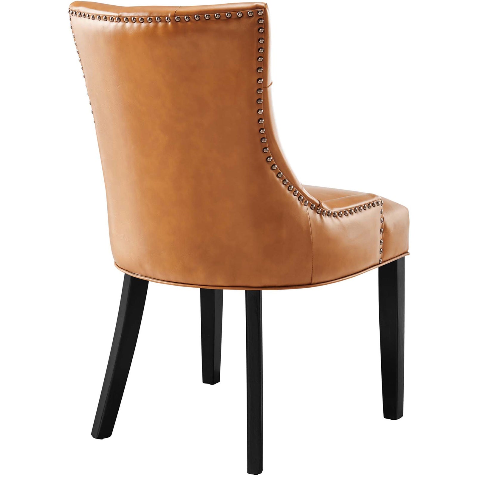 Tan vegan leather dining chair with fully upholstered backrest and decorative nailhead border || EEI-2222-TAN || back_studio