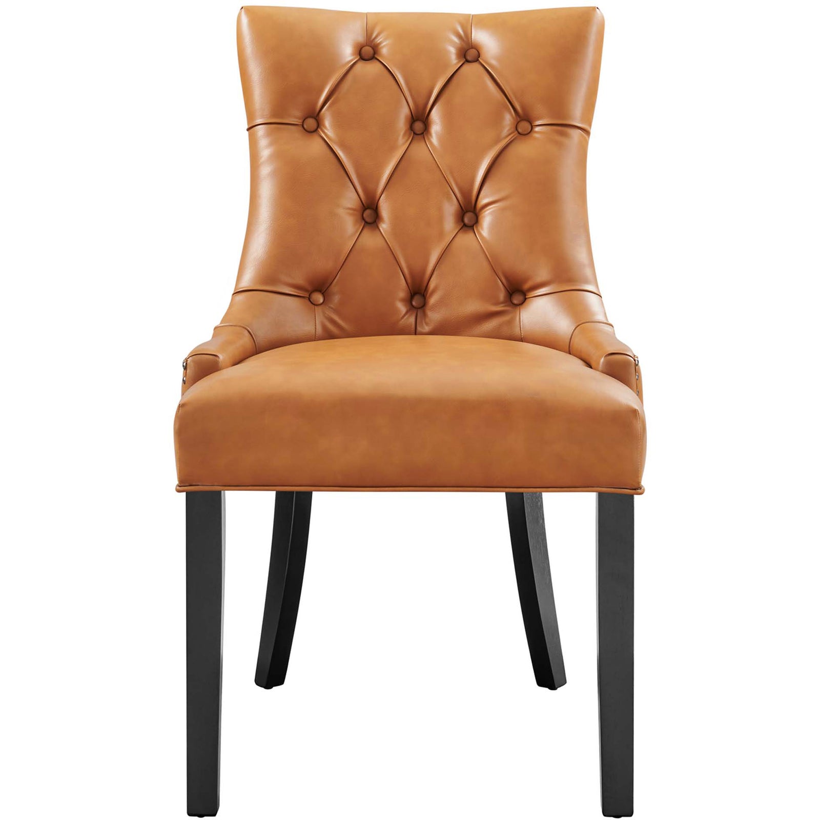 Button tufted tan vegan leather dining chair with generously cushioned seat and black legs || EEI-2222-TAN || front_studio