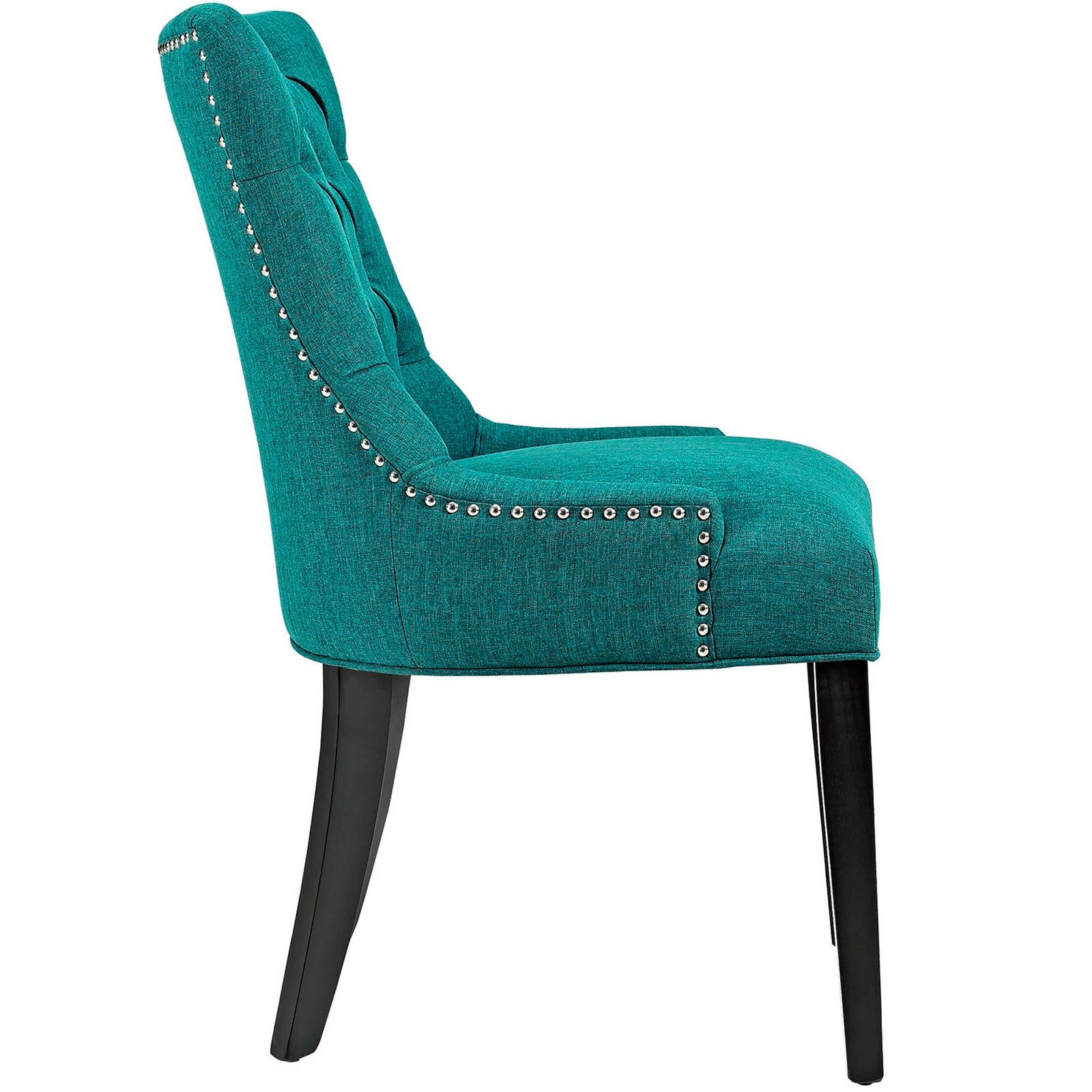 Side profile of teal dining chair with nailhead trim and gently curved dark wood legs || EEI-2223-TEA || side_studio