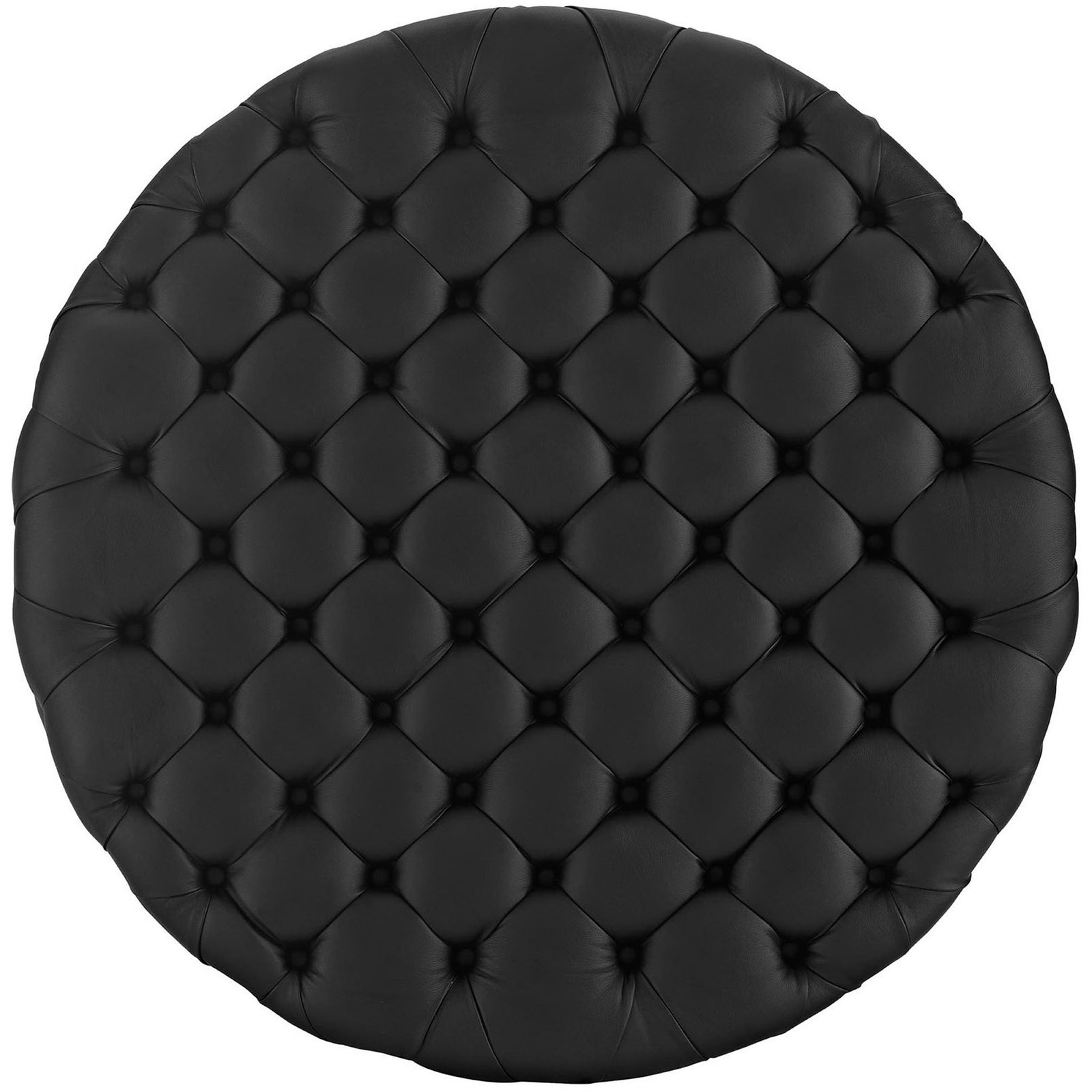 Overhead view highlights the diamond tufted black upholstery and generous round surface of this ottoman || EEI-2224-BLK || top_studio