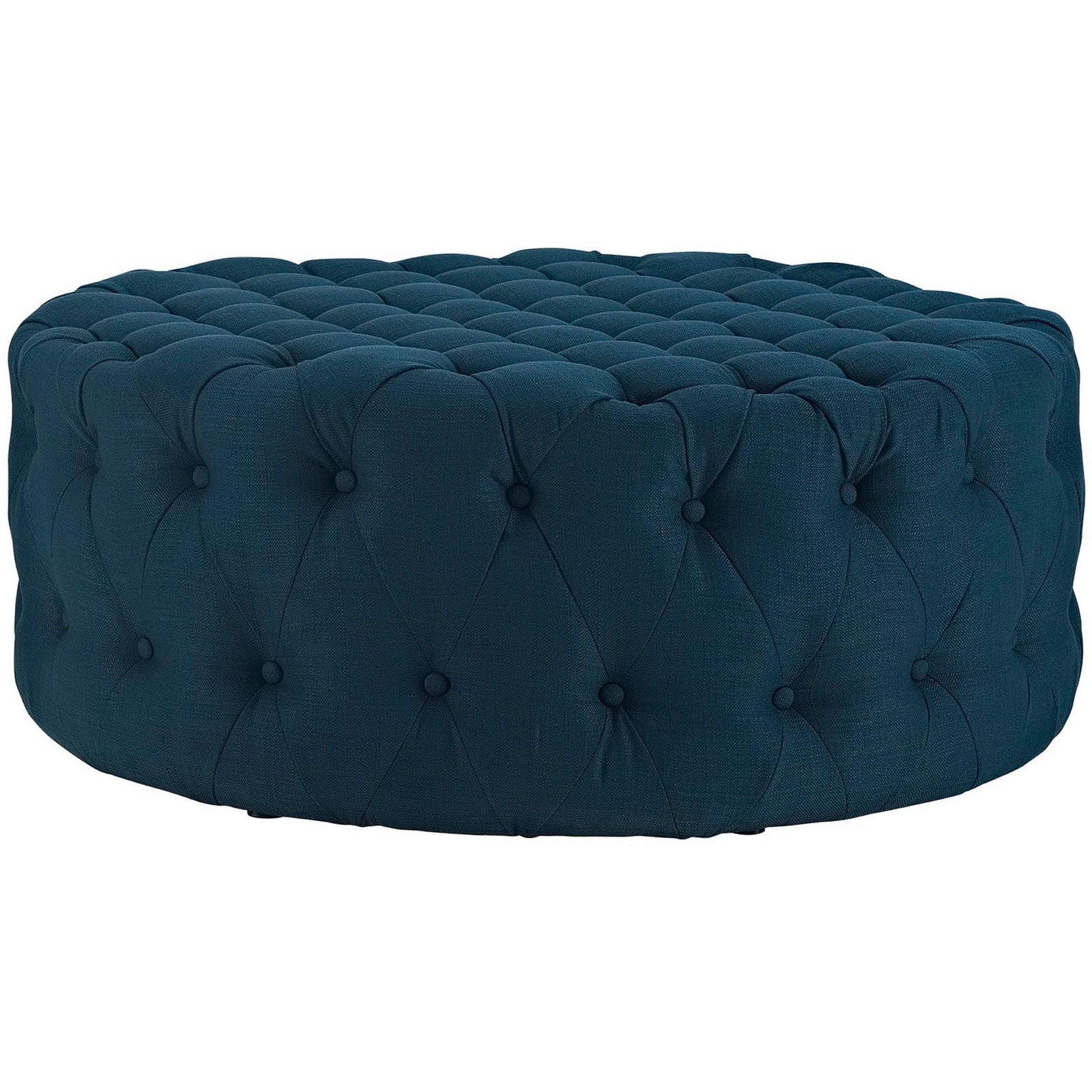 Azure tufted ottoman highlights its low profile, dense cushioning, and tailored upholstery details || EEI-2225-AZU || front_angle_studio