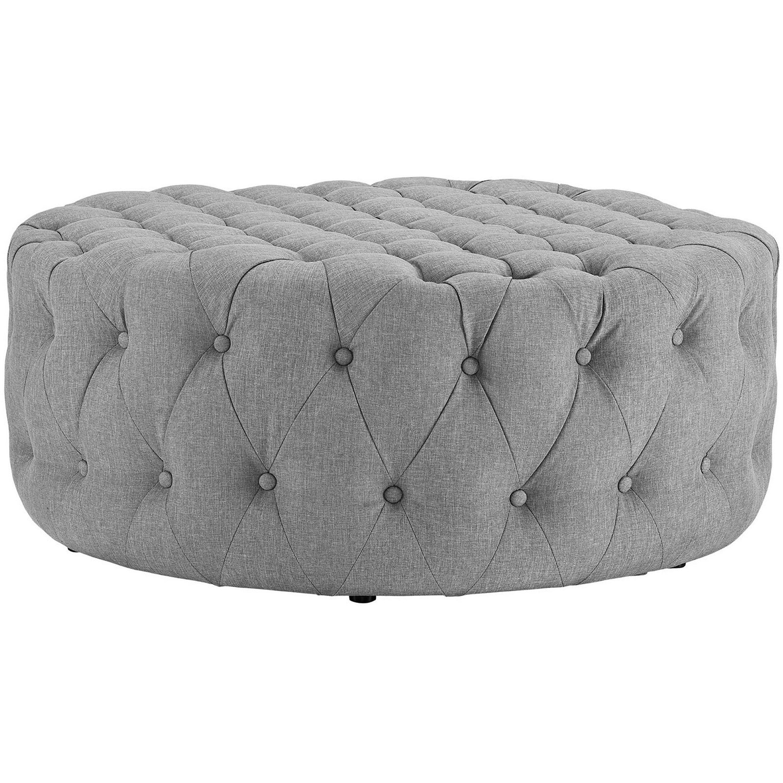 Deeply tufted light gray ottoman with soft, cushioned sides for relaxed lounging || EEI-2225-LGR || front_angle_studio