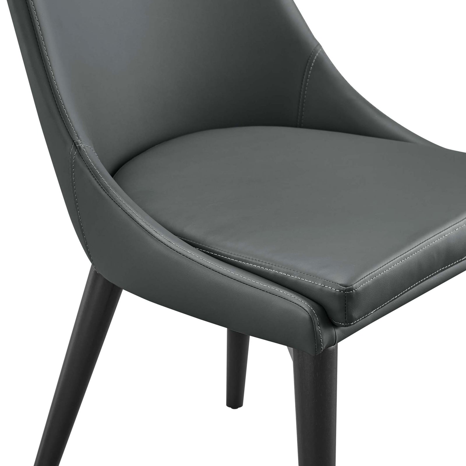 Smooth gray vegan leather seat with tailored stitching and plush foam padding on black wood legs || EEI-2226-GRY || detail_studio