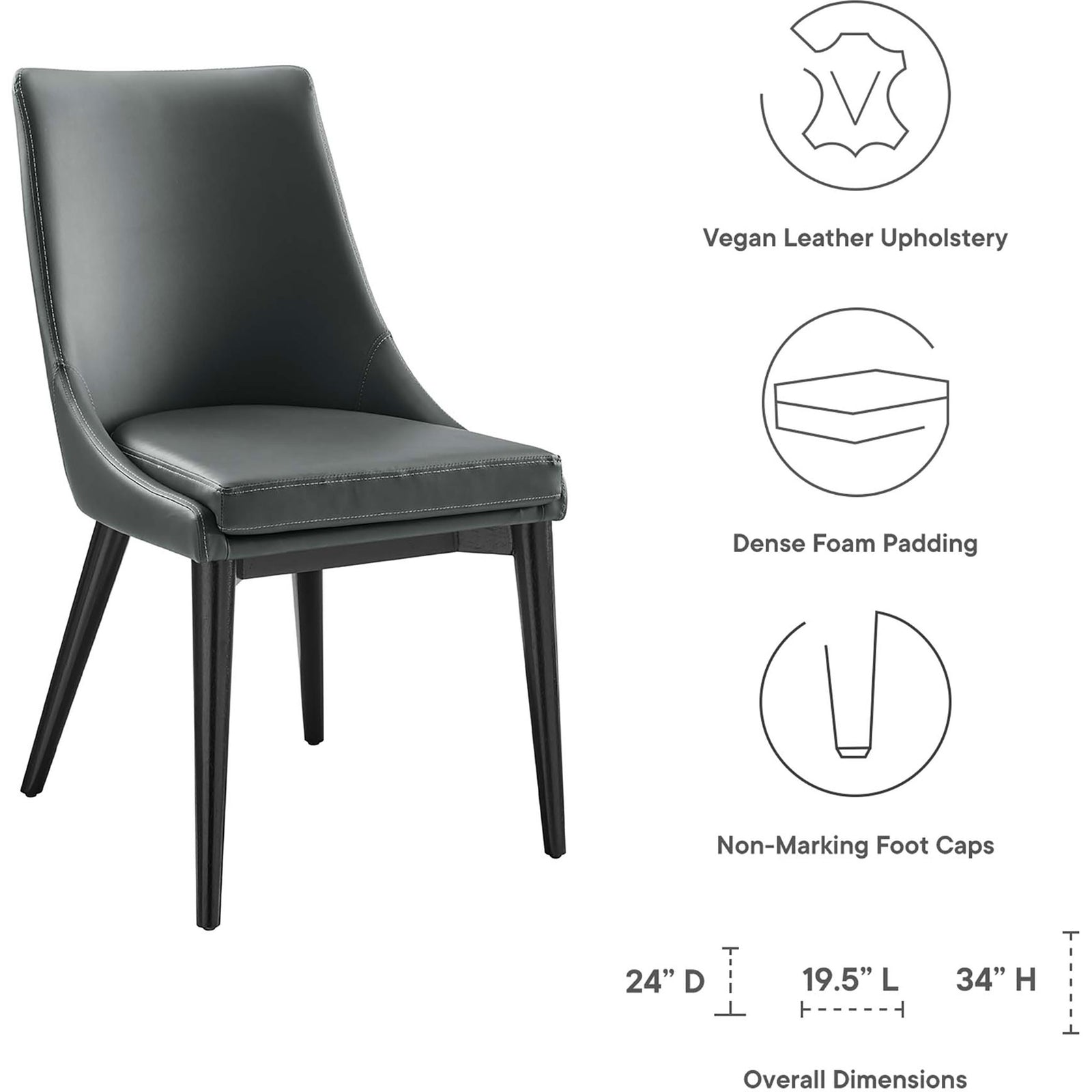 Gray vegan leather dining chair with notes for dense foam, non marking feet, and dimensions || EEI-2226-GRY || dimension_studio