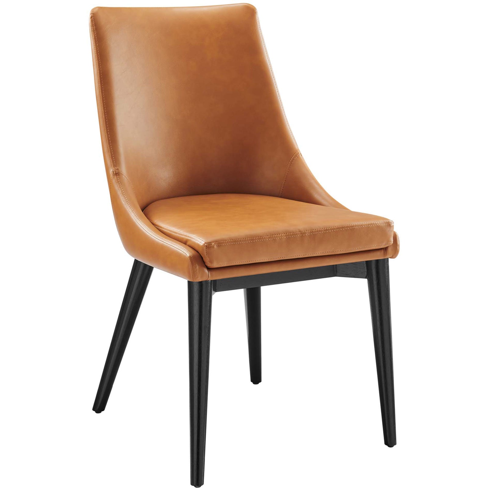 Tan vegan leather dining chair with sleek tapered black wood legs || EEI-2226-TAN || front_angle_studio
