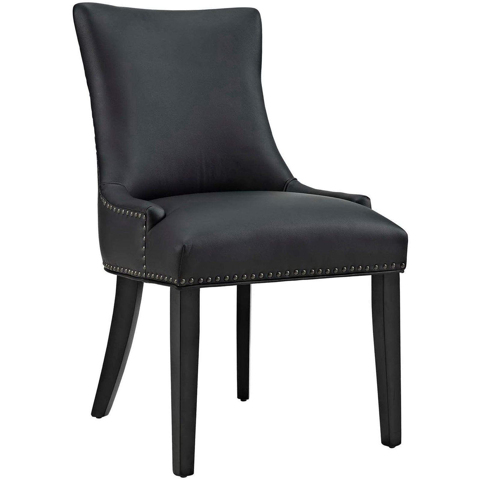 Black vegan leather dining chair with curved hourglass back and nailhead trim on tapered wood legs || EEI-2228-BLK || front_angle_studio