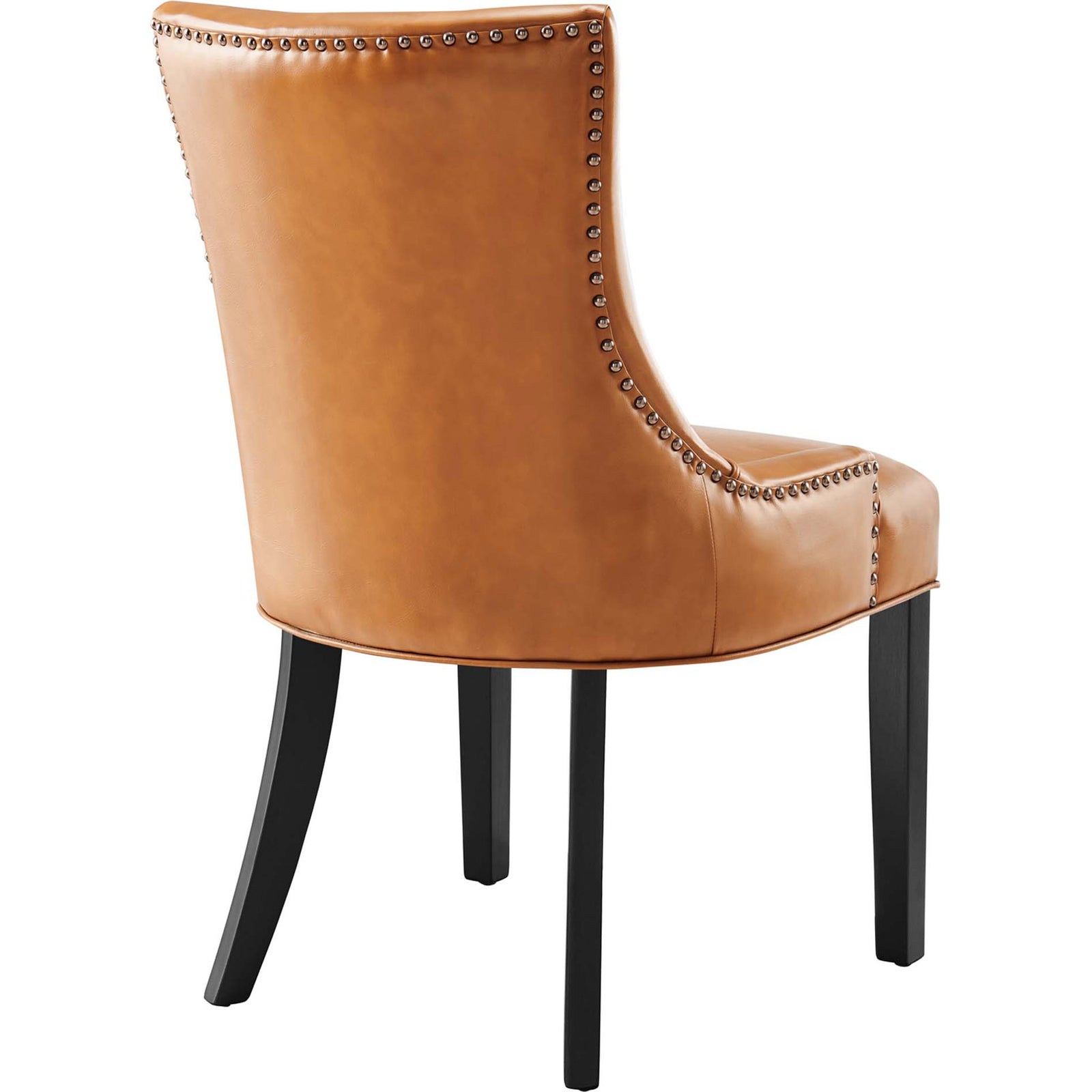 Smooth tan vegan leather back with double nailhead border and sturdy black wood legs || EEI-2228-TAN || back_studio
