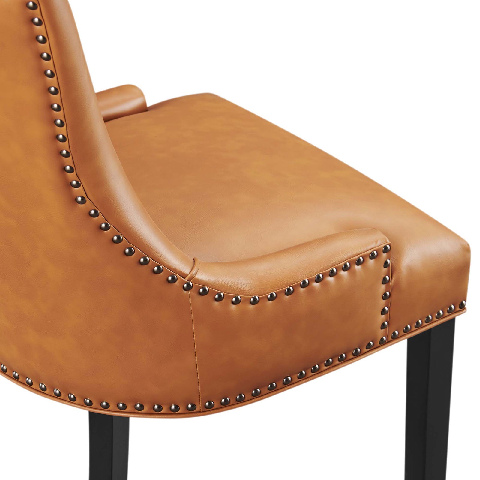Nailhead trim and tailored stitching accent the smooth tan vegan leather seat edge || EEI-2228-TAN || detail_studio