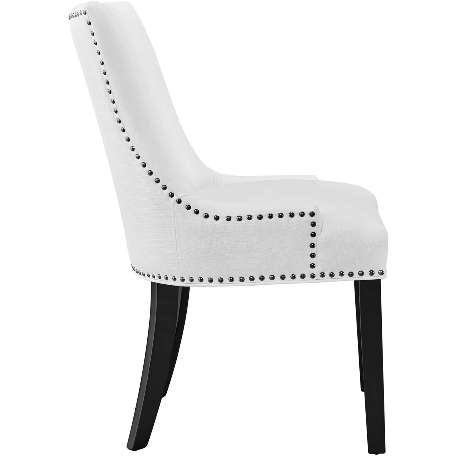 White upholstered dining chair with cushioned seat, subtle armrests, and decorative nailhead trim || EEI-2229-WHI || side_studio