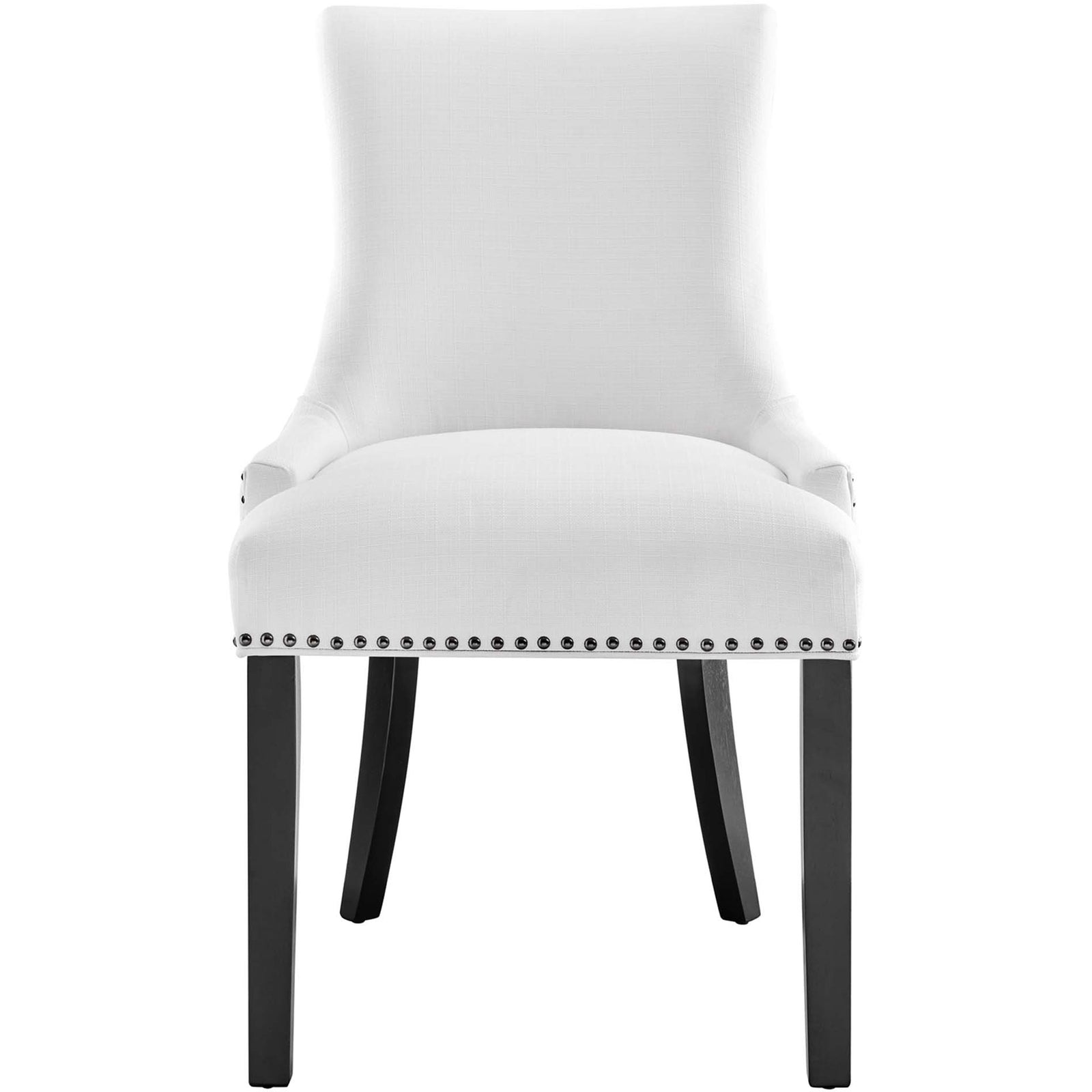 White upholstered dining chair featuring a tailored seat, nailhead border, and sturdy black wood base || EEI-2229-WHI || front_studio
