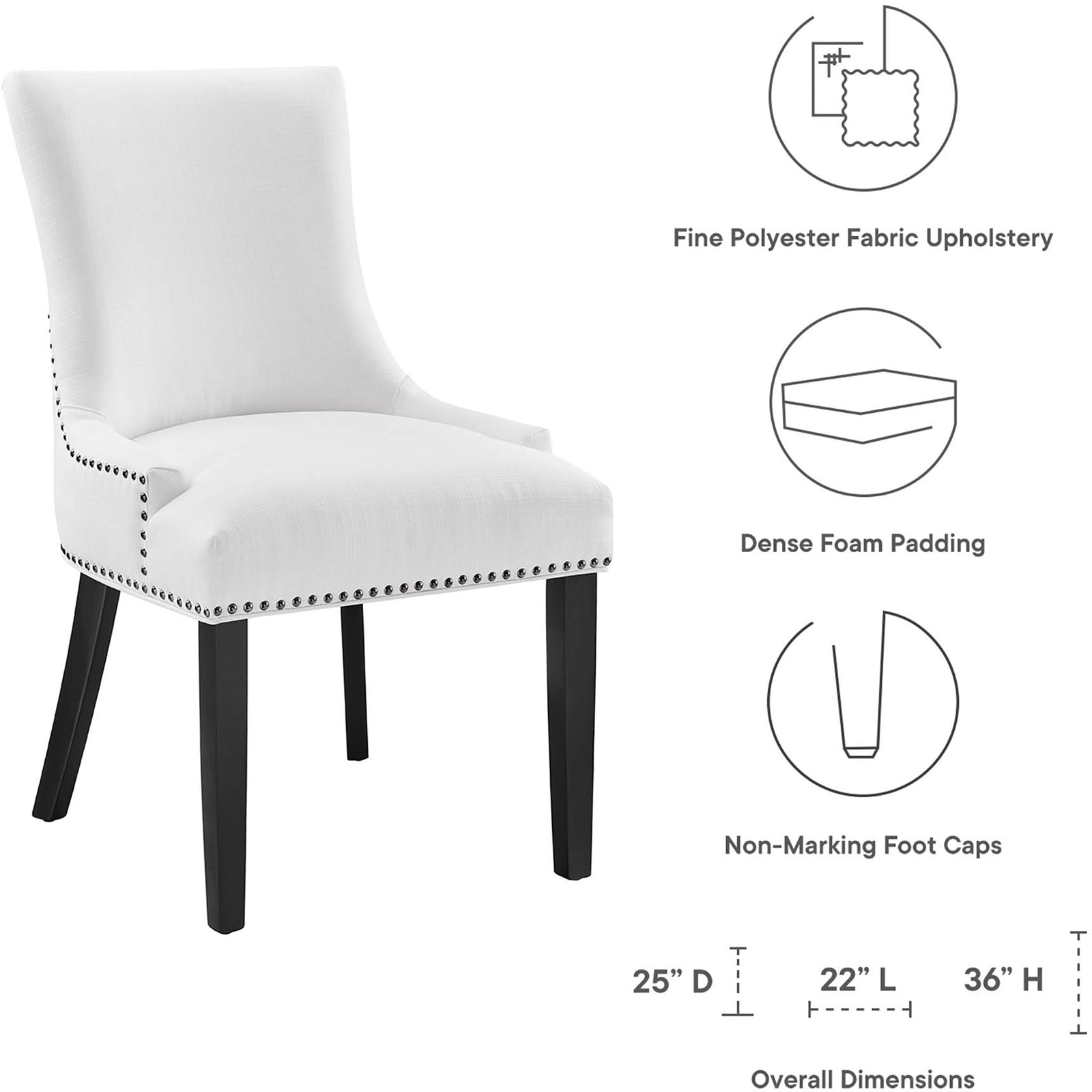 White nailhead trim dining chair with foam padding, non-marking foot caps, and clearly labeled dimensions || EEI-2229-WHI || dimension_studio