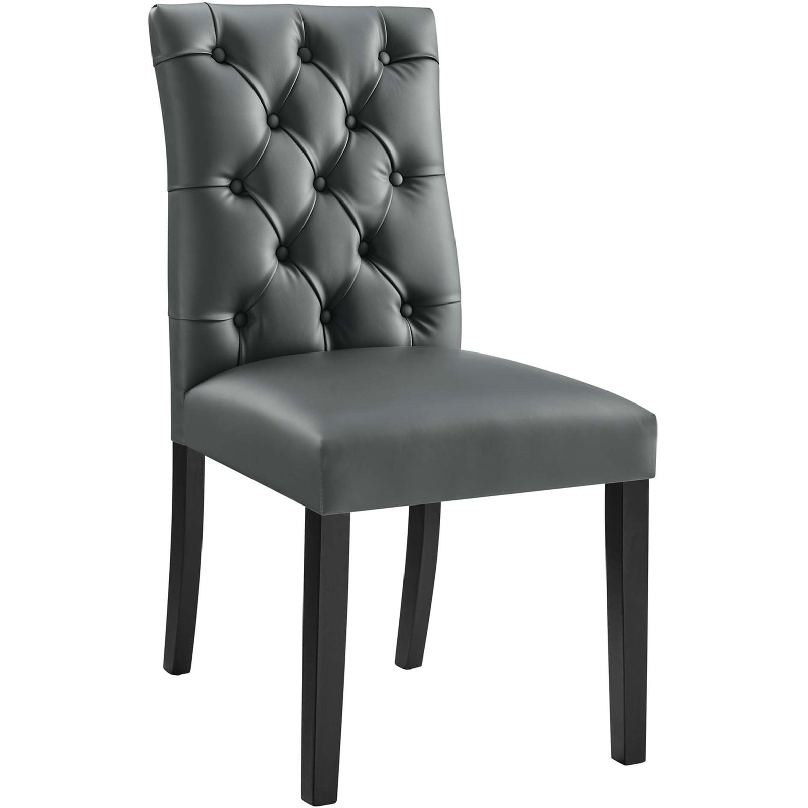 Gray button-tufted vegan leather dining chair with cushioned seat and dark wood legs || EEI-2230-GRY || front_angle_studio