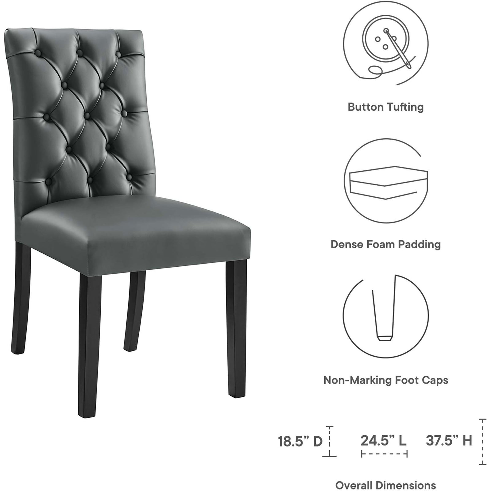 Gray tufted vegan leather dining chair with highlighted comfort features and overall dimensions || EEI-2230-GRY || dimension_studio