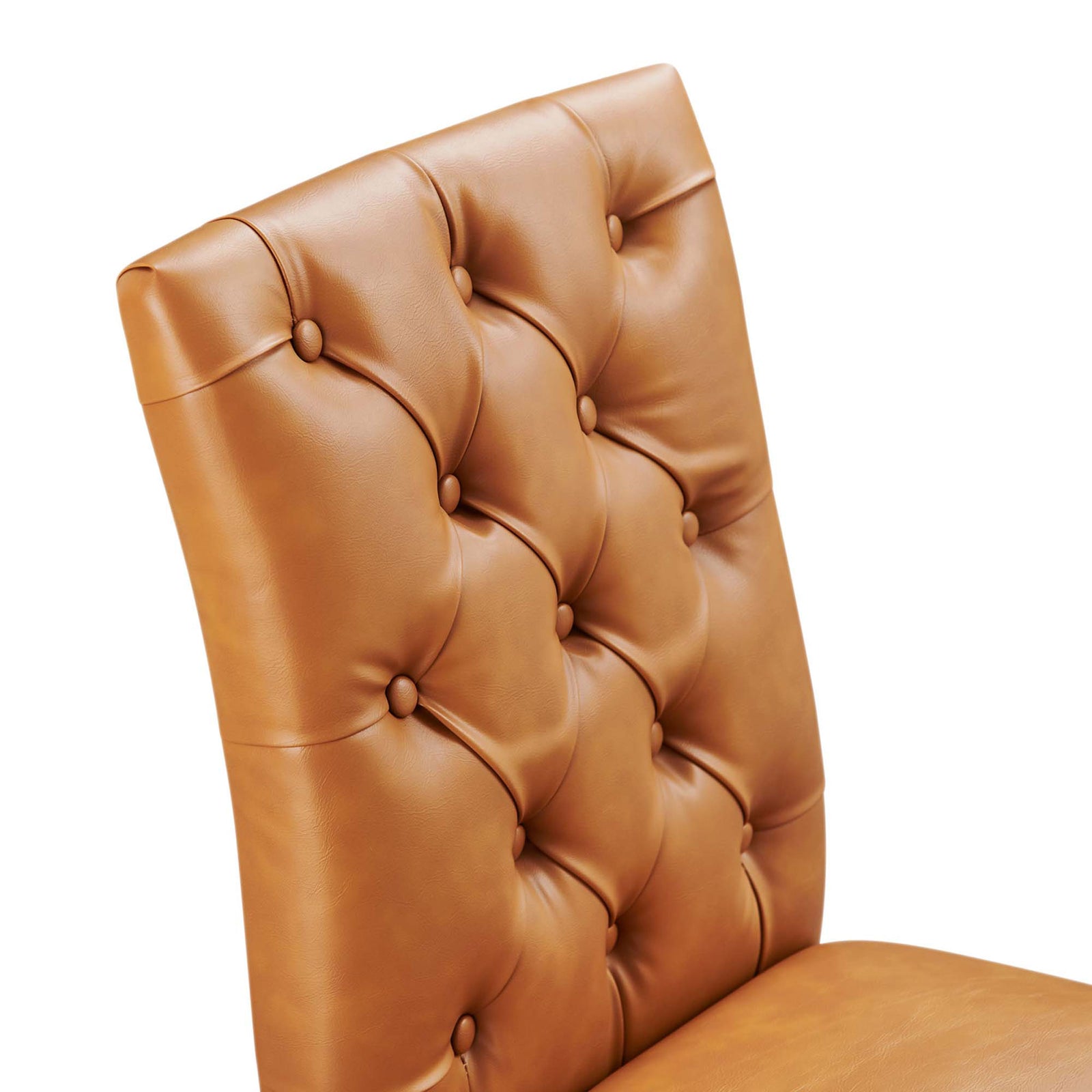 Close look at the deep button tufting and subtle texture of the tan vegan leather backrest. || EEI-2230-TAN || detail_studio