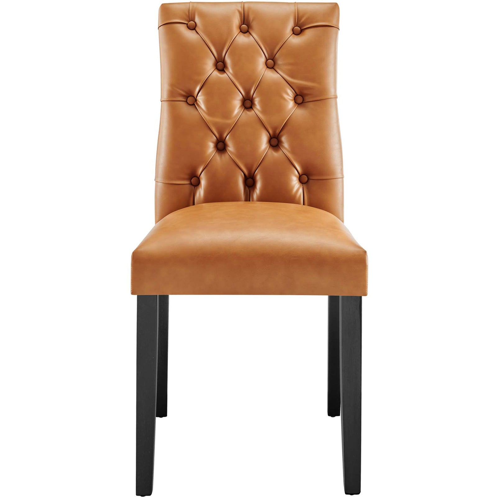 Tan vegan leather dining chair with plush button tufted backrest and padded seat on dark wood legs. || EEI-2230-TAN || front_studio